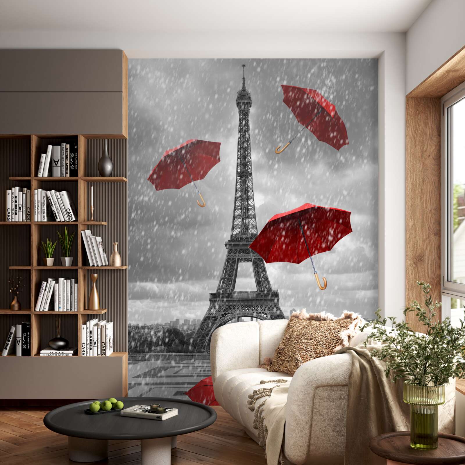 Fototapet umbrele roșii pe piața din fața turnului