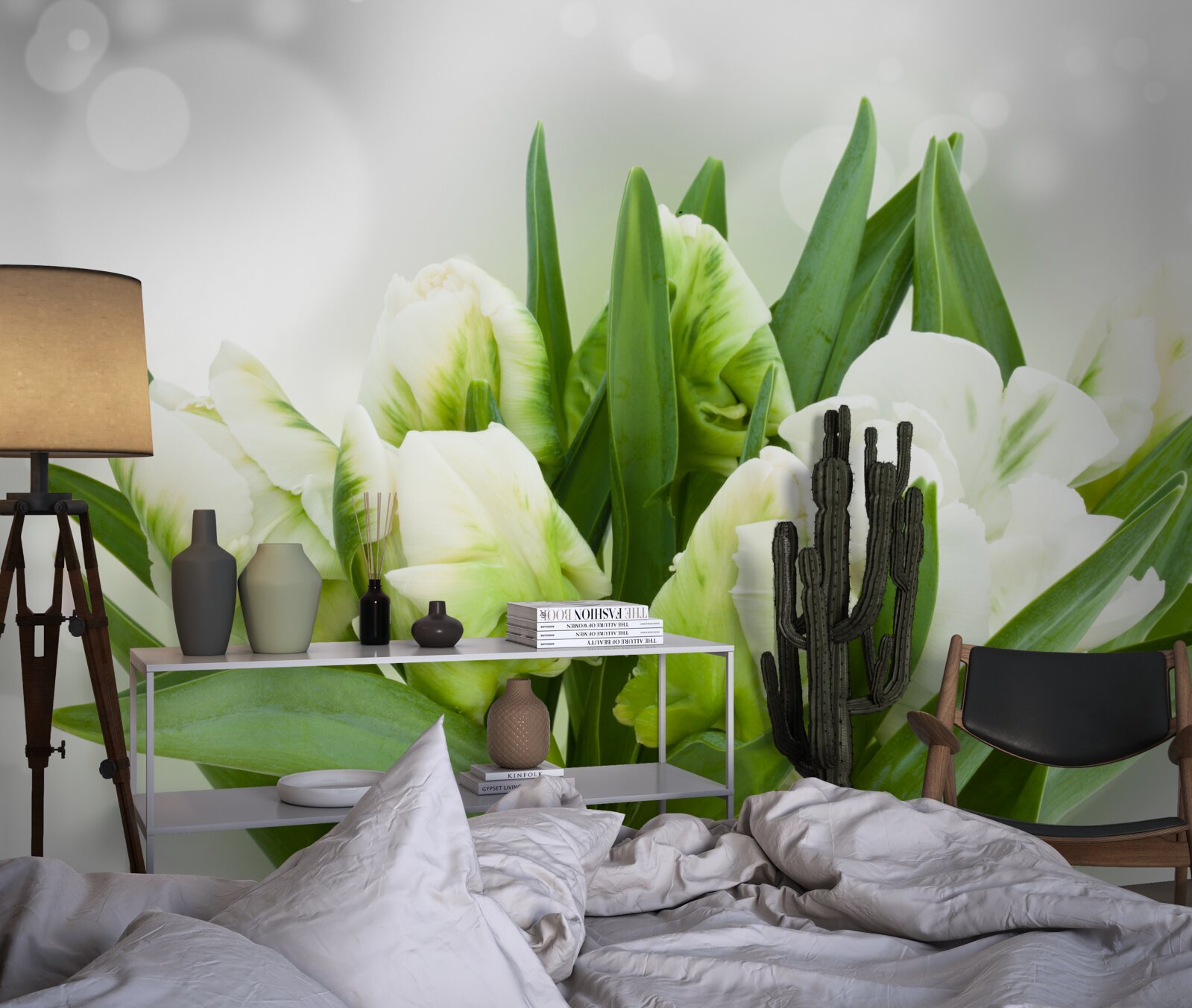 Fototapet compoziție de lalele în nuanțe de alb și verde