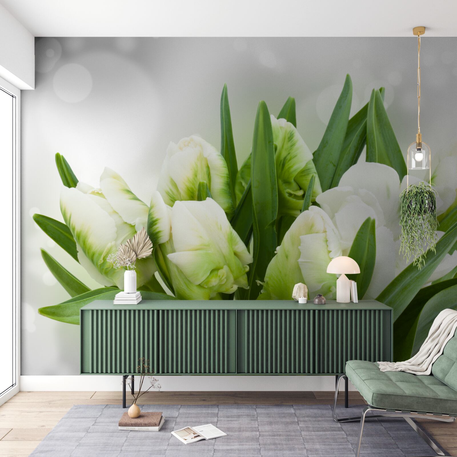 Fototapet compoziție de lalele în nuanțe de alb și verde