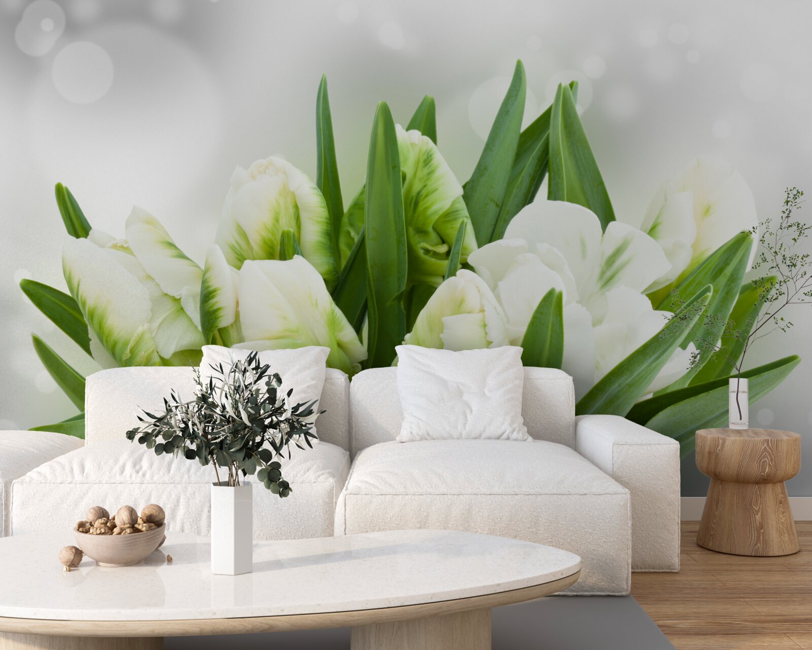 Fototapet compoziție de lalele în nuanțe de alb și verde
