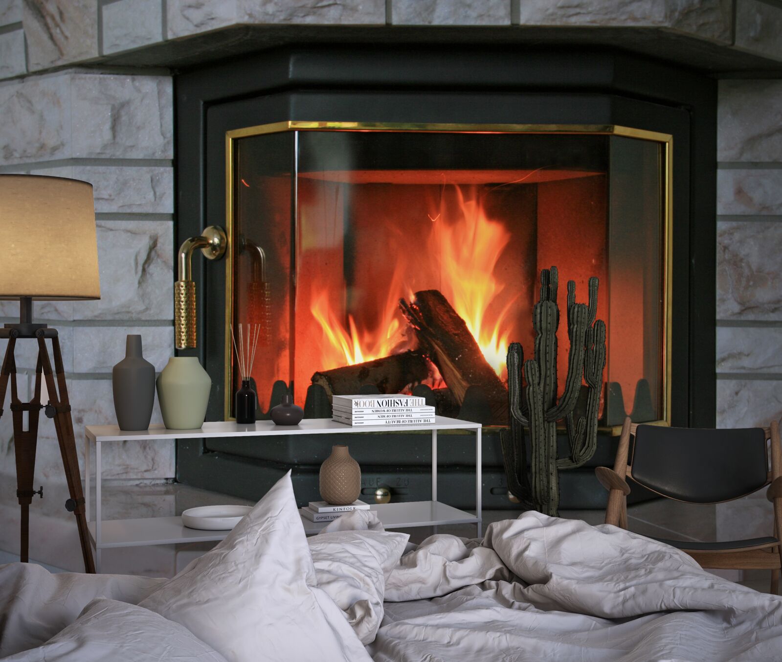 Fototapet șemineu într-un perete de piatră