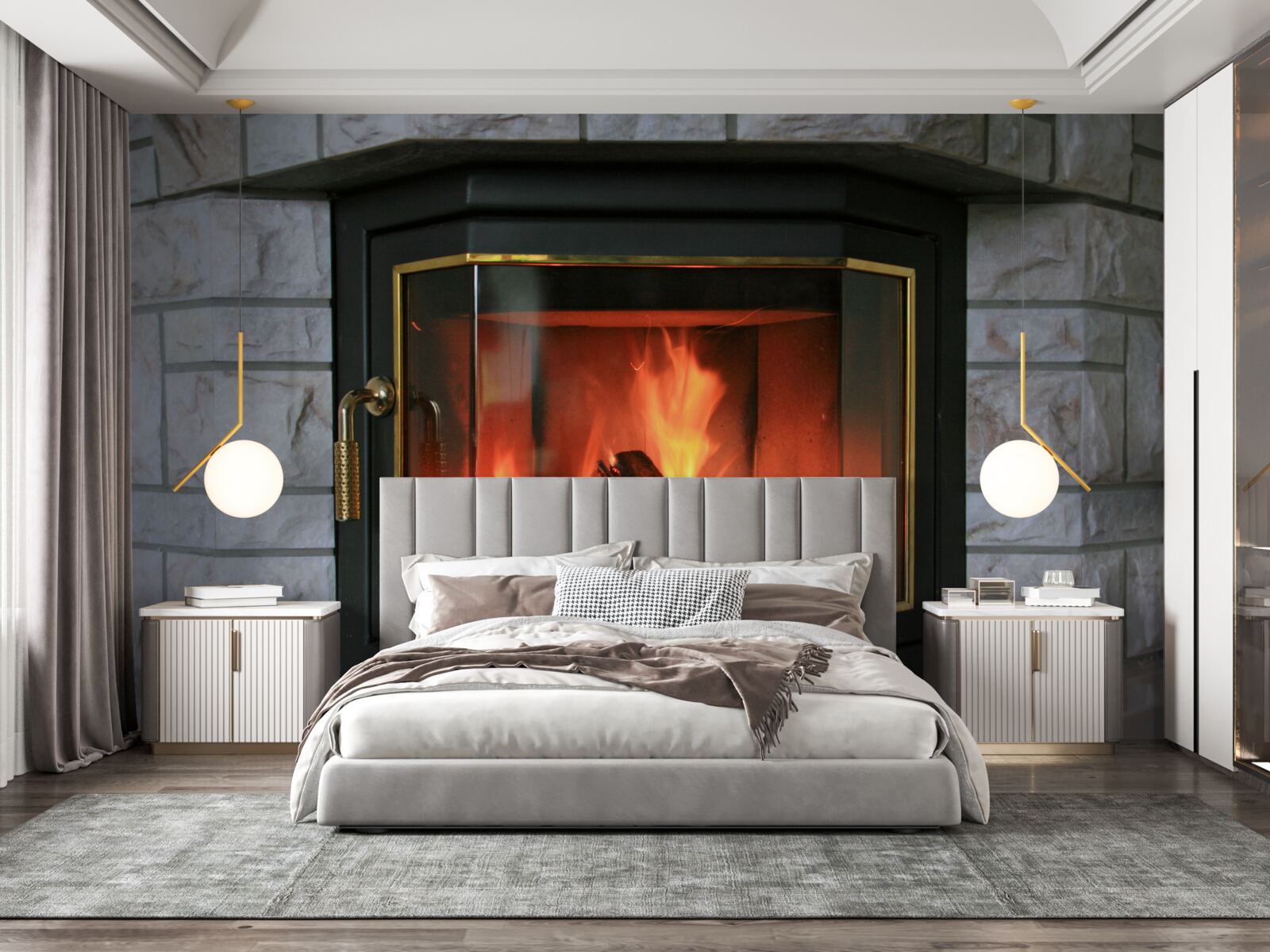 Fototapet șemineu într-un perete de piatră