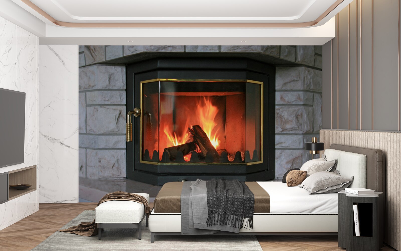 Fototapet șemineu într-un perete de piatră