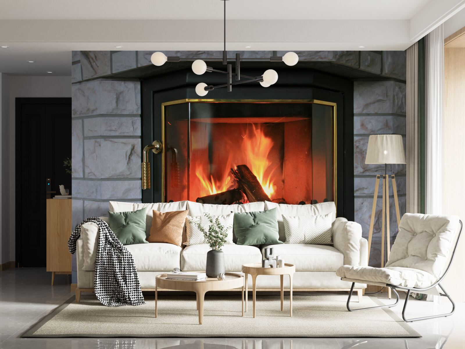 Fototapet șemineu într-un perete de piatră