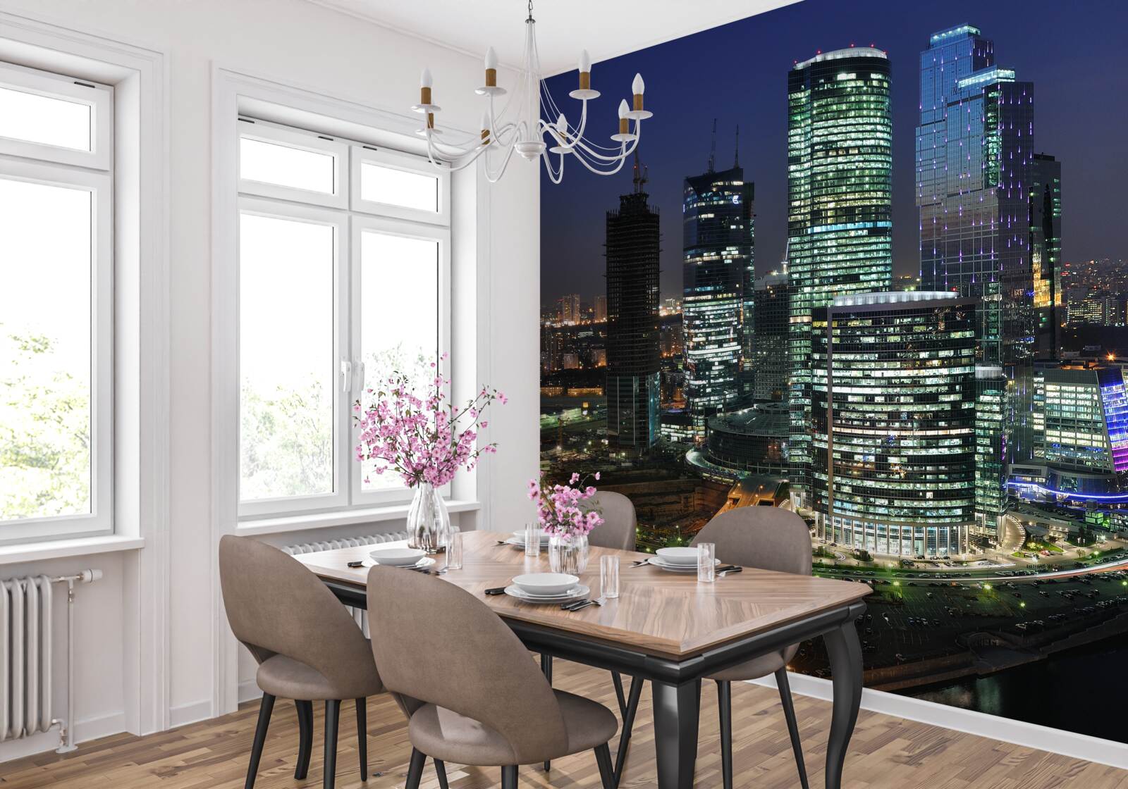 Fototapet zgârie-nori urbani iluminați de lumini