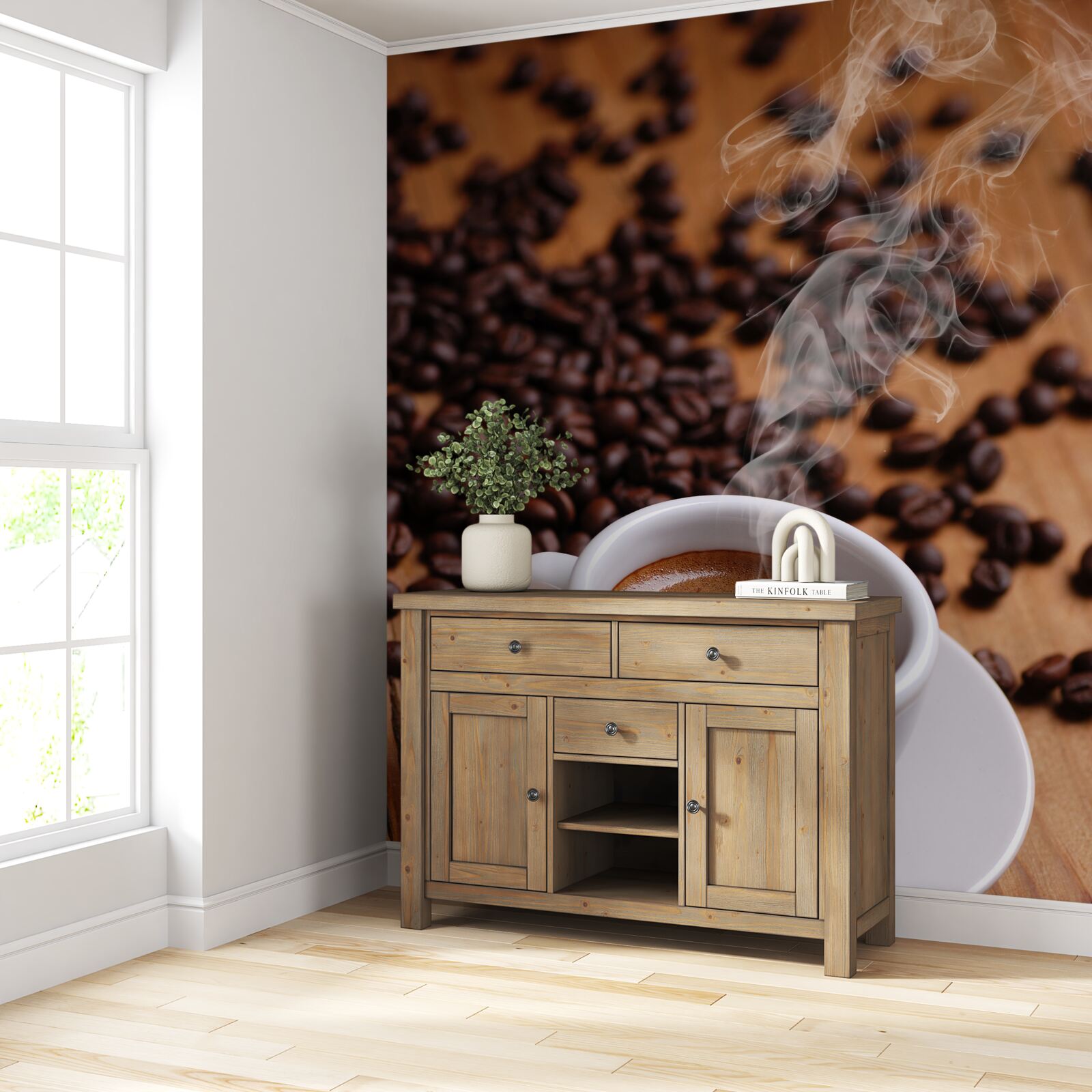 Fototapet ceașcă de cafea cu boabe care emană aromă