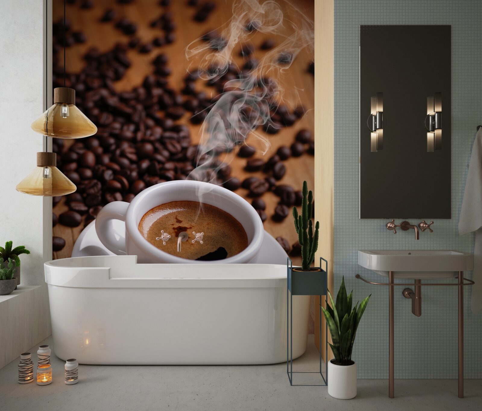 Fototapet ceașcă de cafea cu boabe care emană aromă