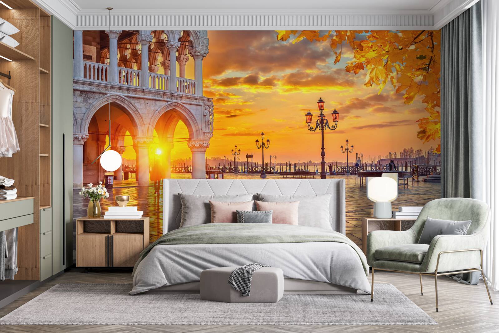 Fototapet raze calde și luminoase de apus de soare deasupra pieței principale