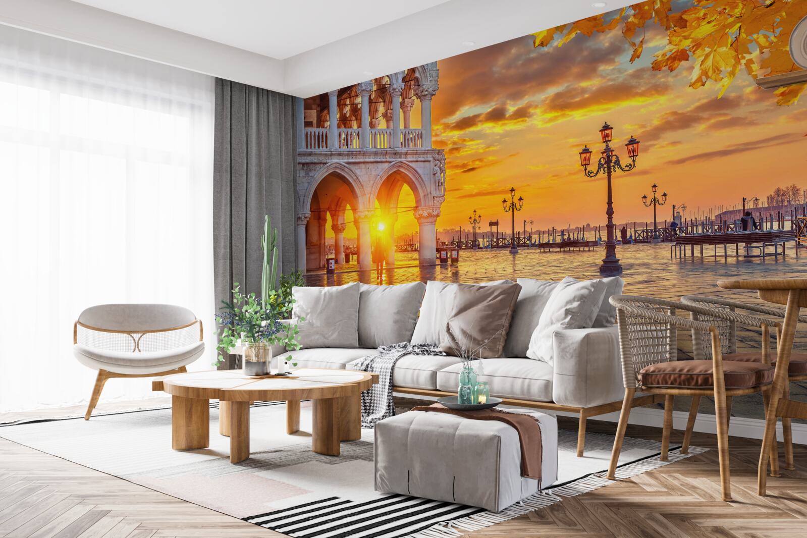 Fototapet raze calde și luminoase de apus de soare deasupra pieței principale