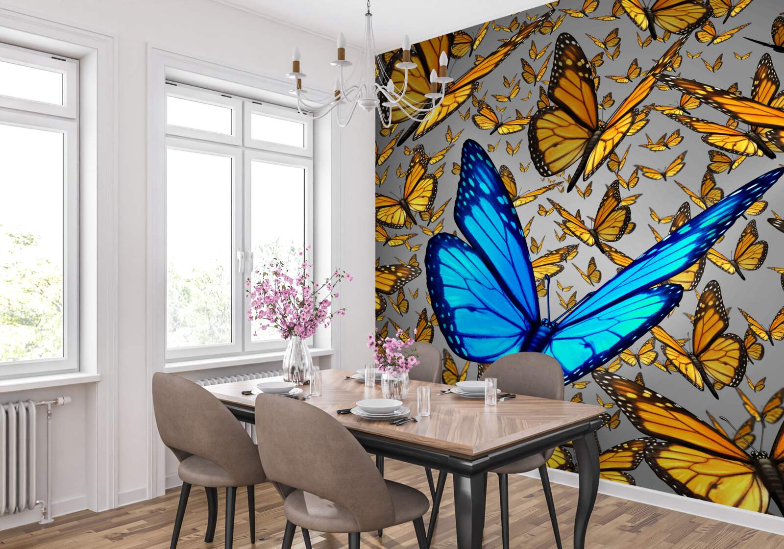 Fototapet fluturele albastru se distinge clar de cele galbene