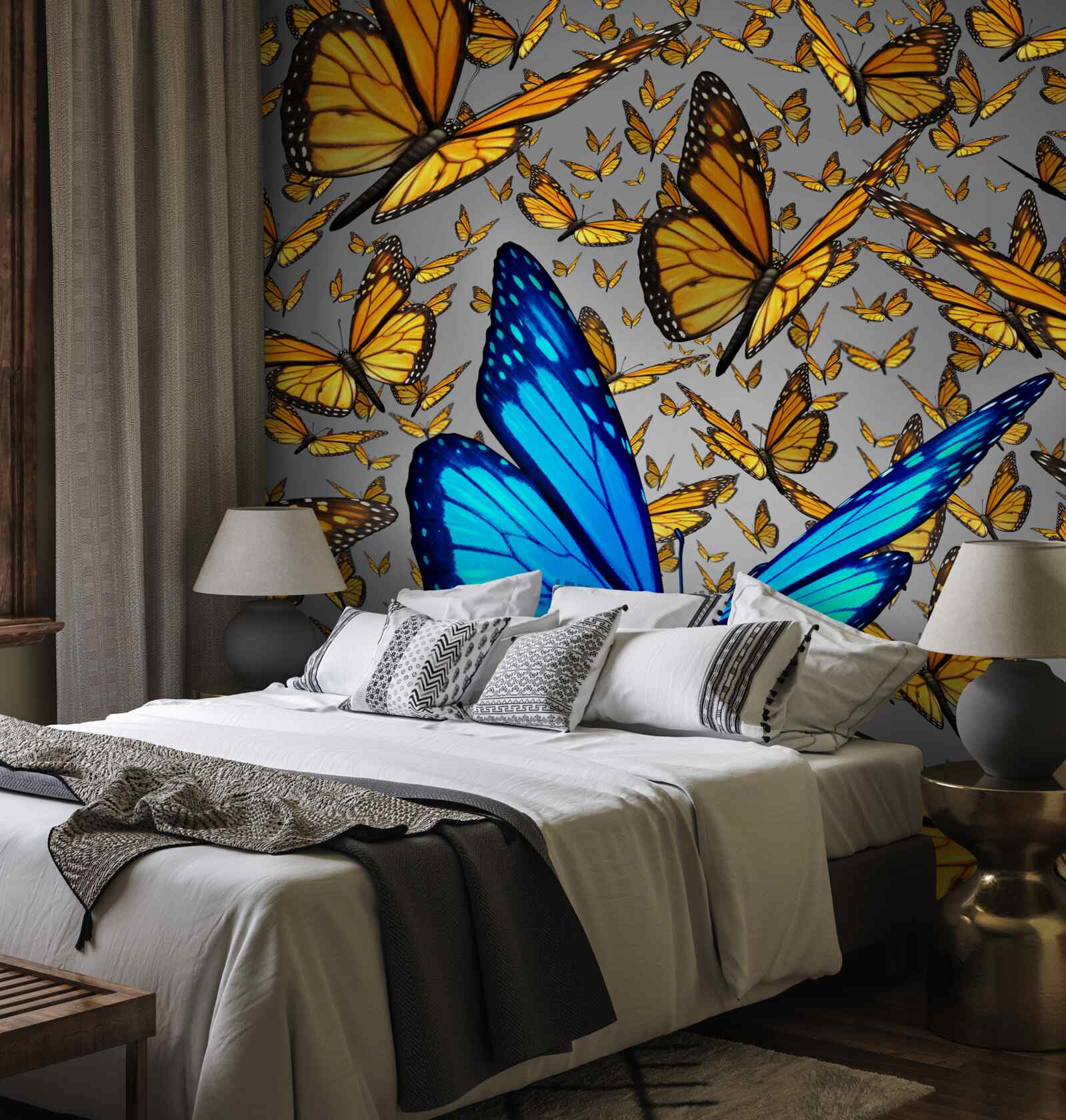 Fototapet fluturele albastru se distinge clar de cele galbene