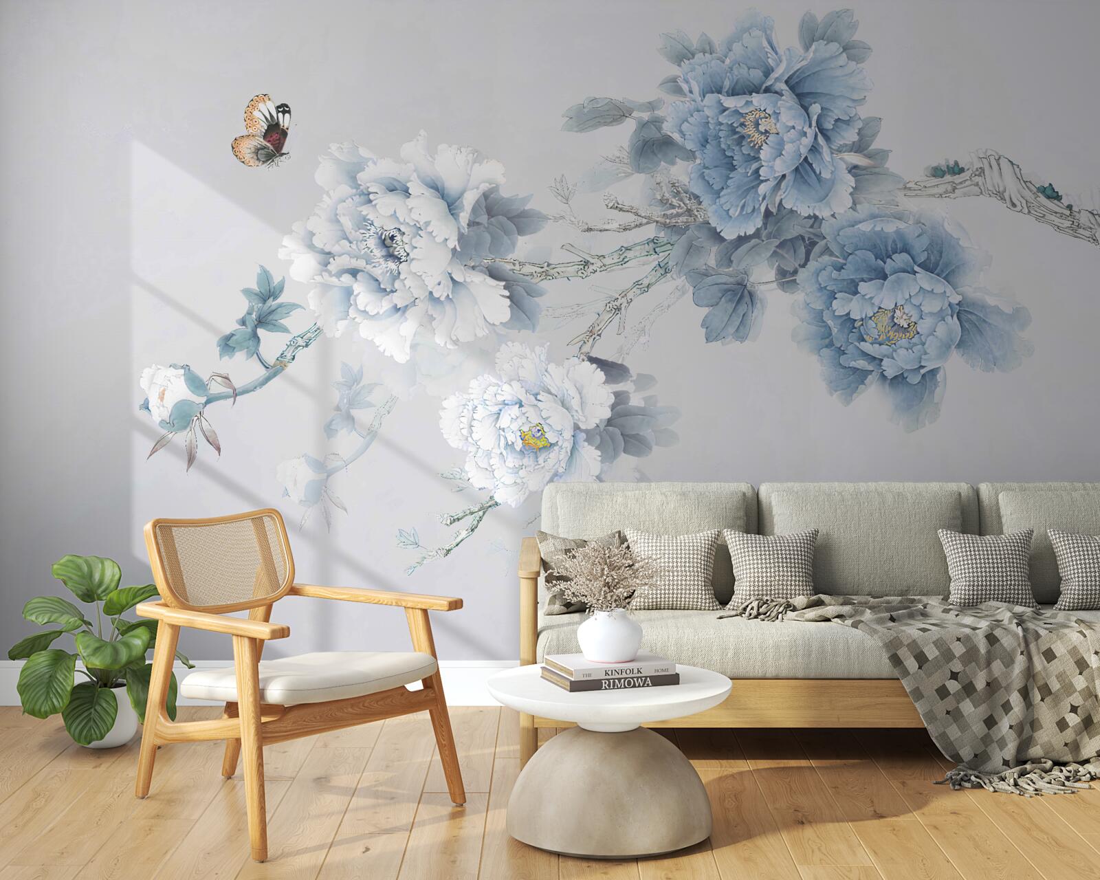 Fototapet un fluture stă lângă ramurile florilor înflorite