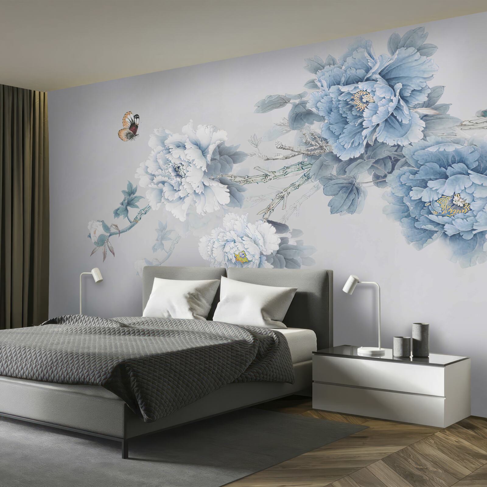 Fototapet un fluture stă lângă ramurile florilor înflorite