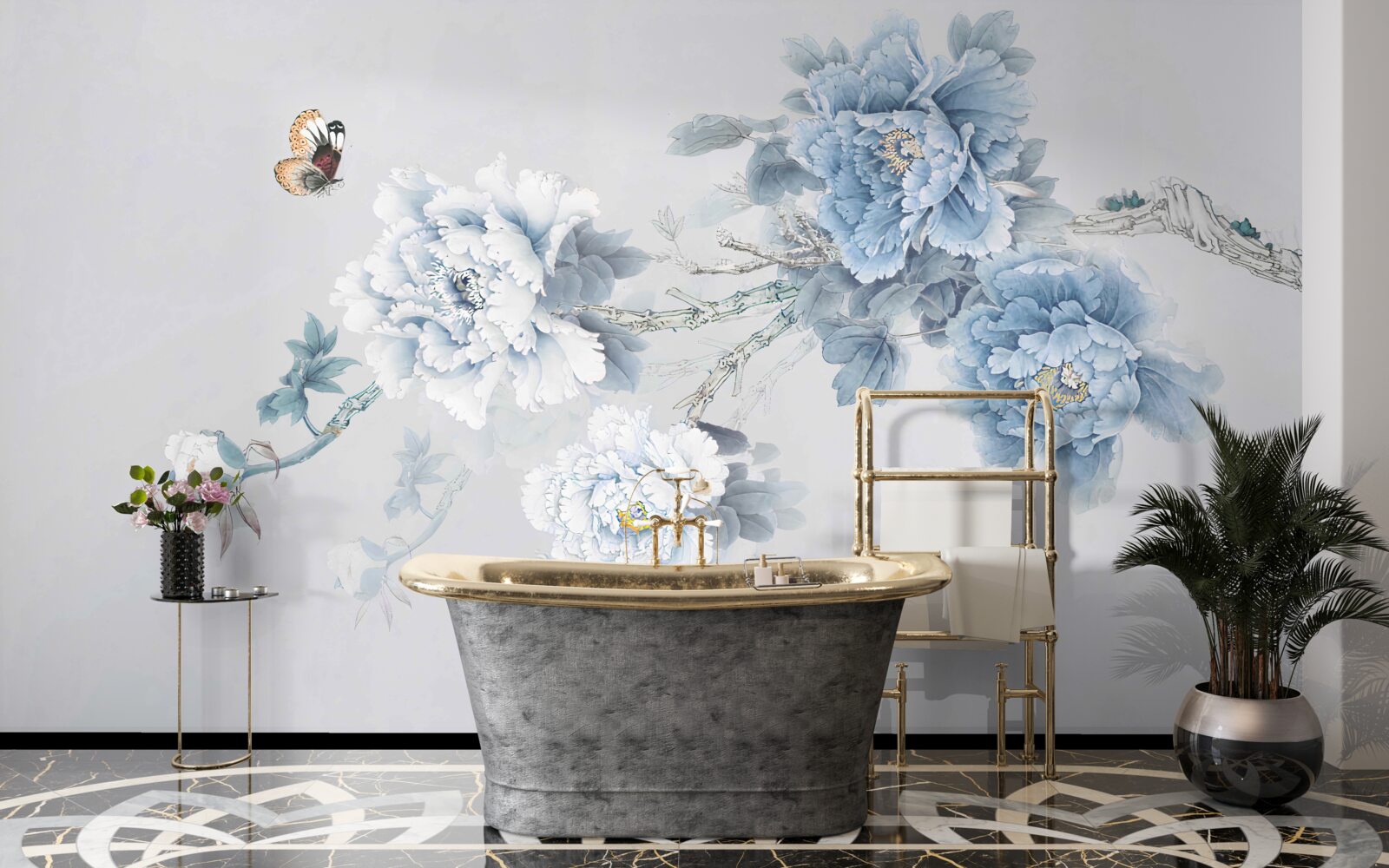 Fototapet un fluture stă lângă ramurile florilor înflorite