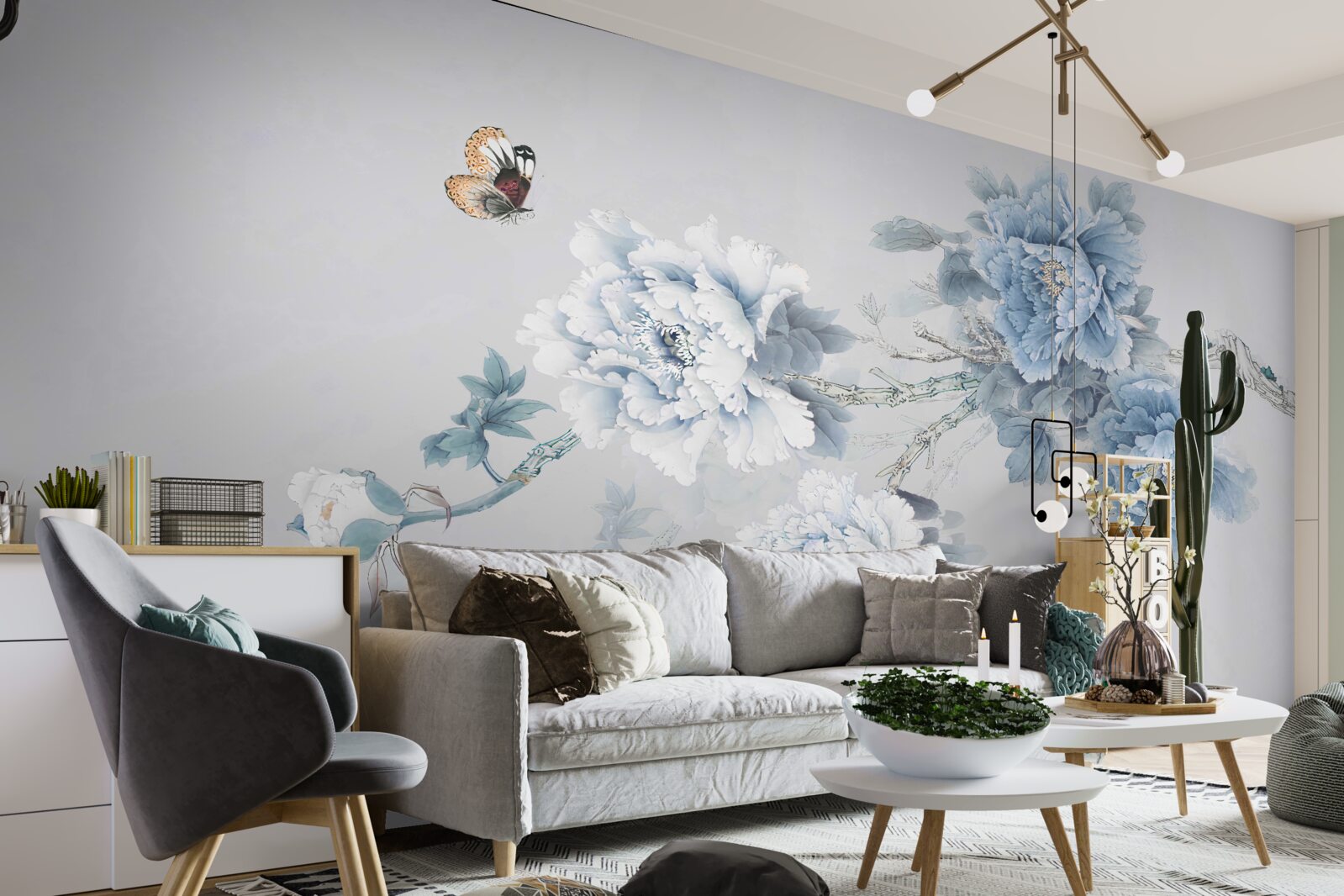 Fototapet un fluture stă lângă ramurile florilor înflorite