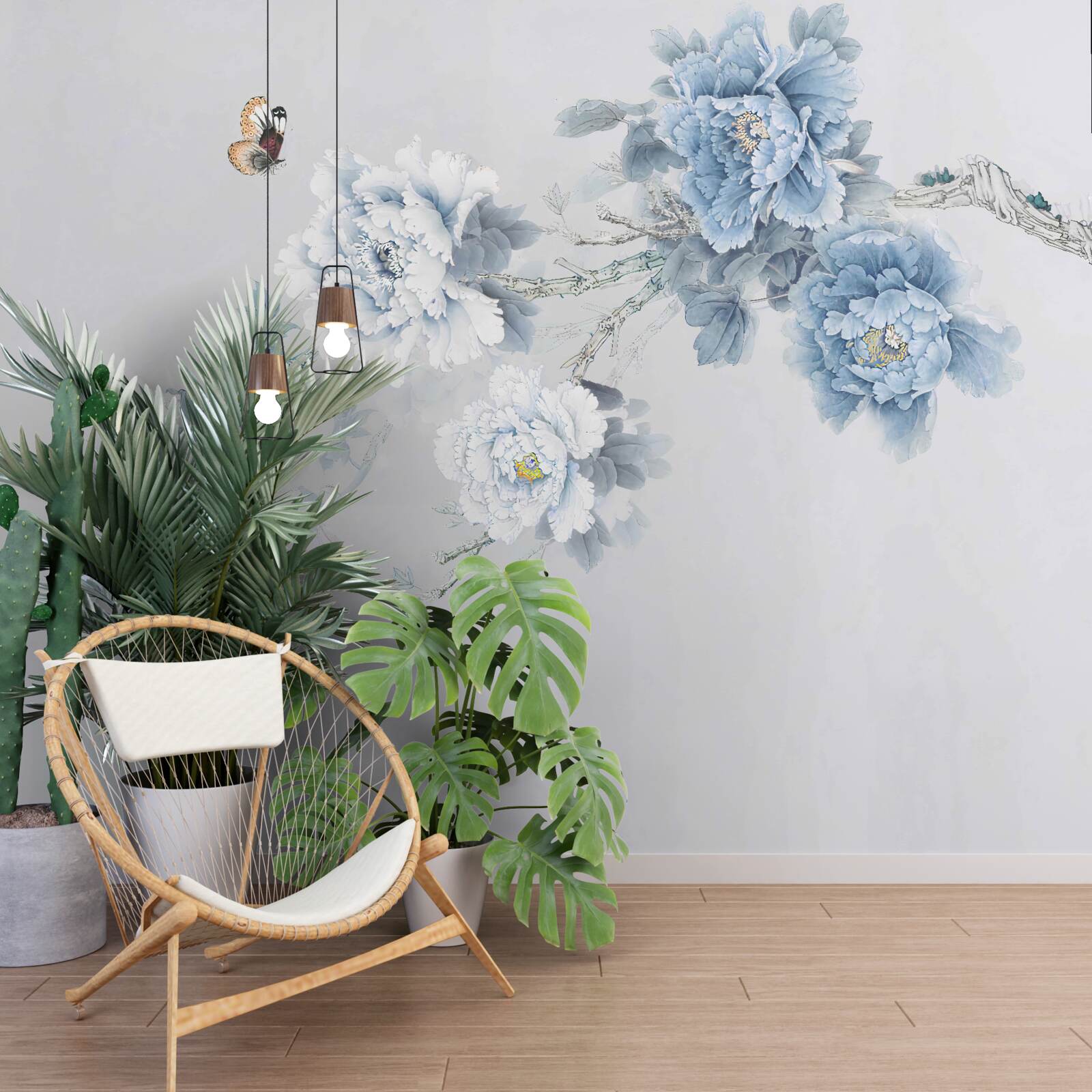 Fototapet muguri de flori albe și albastre pe un fundal gri