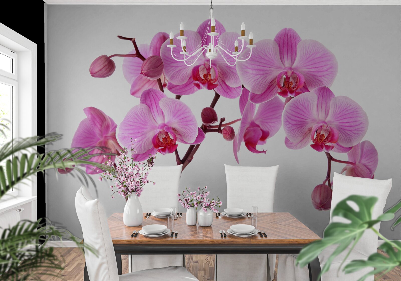 Fototapet crin roz pe o ramură pe un fundal alb