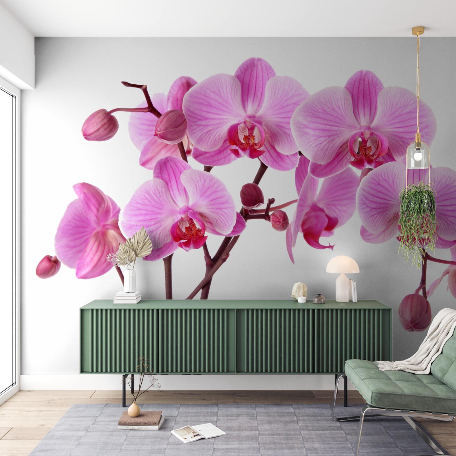 Fototapet crin roz pe o ramură pe un fundal alb