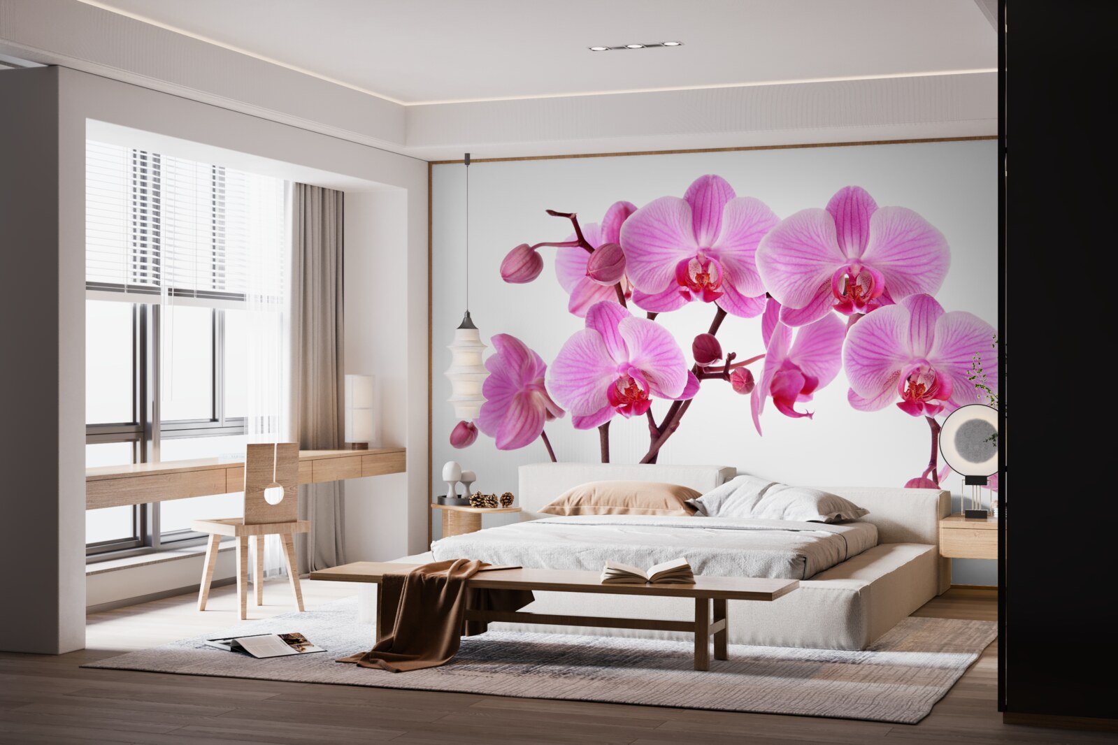 Fototapet crin roz pe o ramură pe un fundal alb