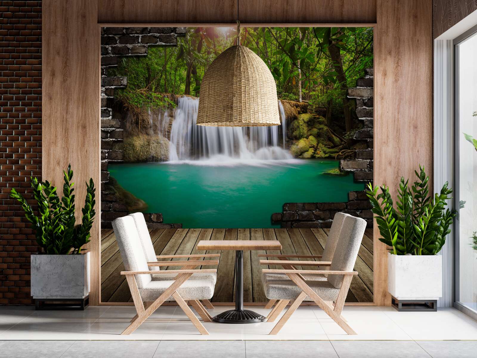 Fototapet cascadă care coboară lângă un pod de lemn