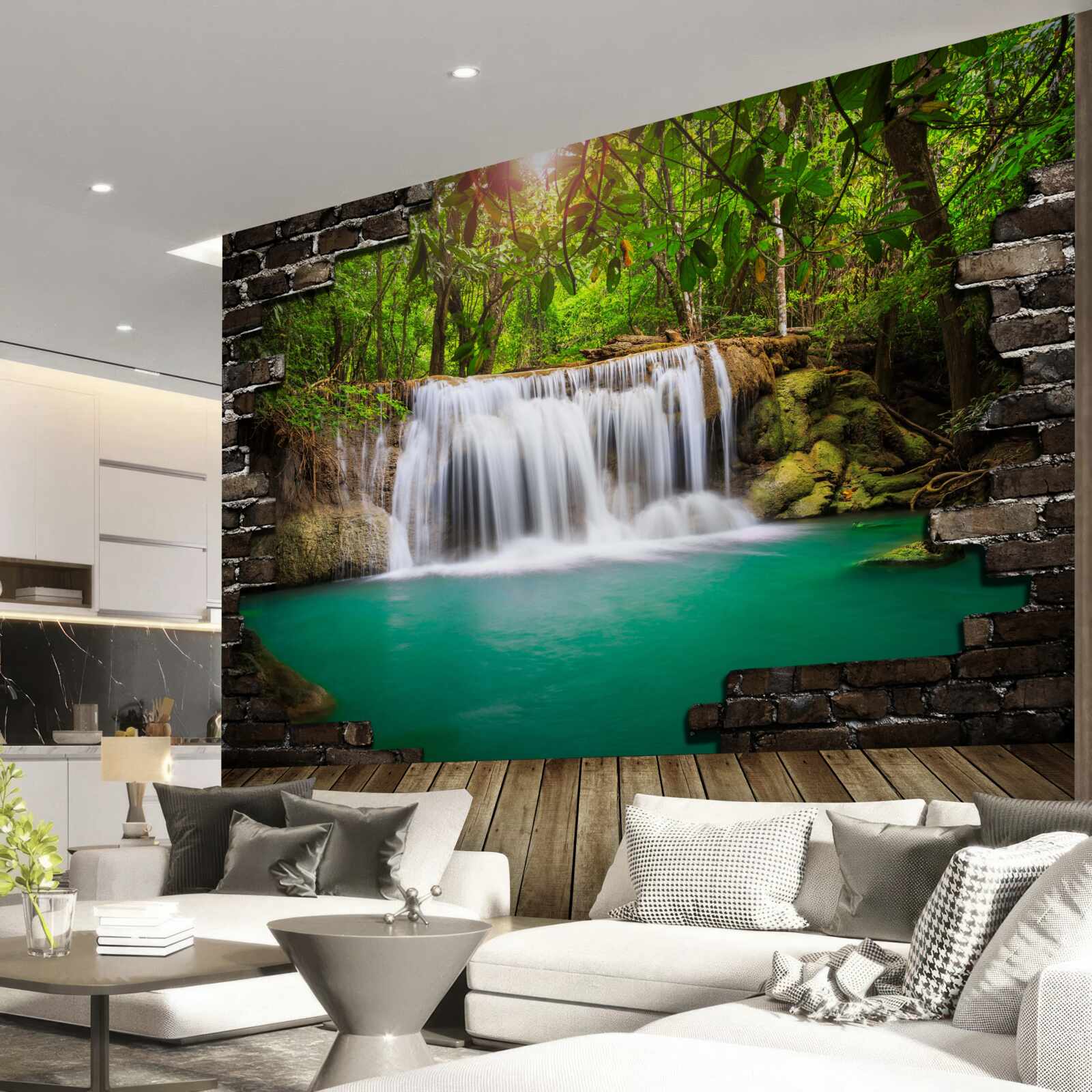 Fototapet cascadă care coboară lângă un pod de lemn