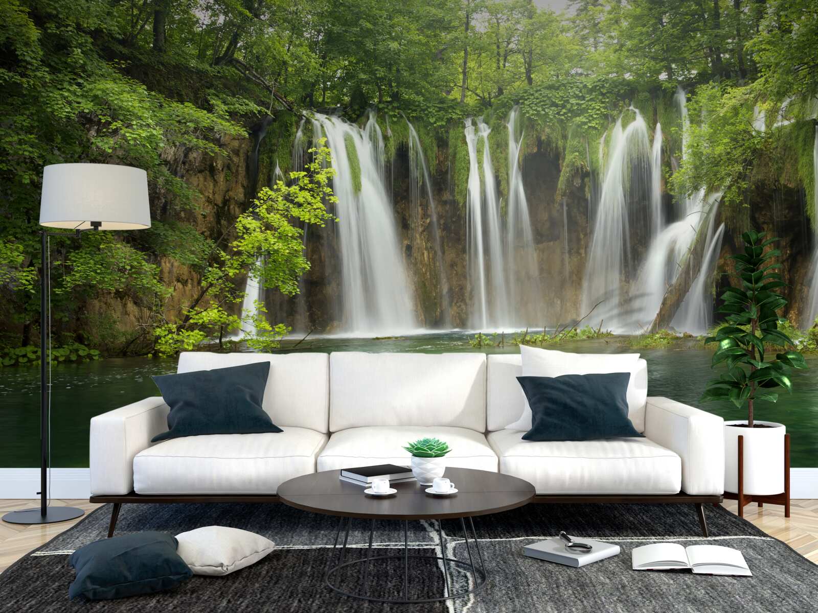 Fototapet apă curgând rapid într-o râpă în mijlocul unei păduri de munte