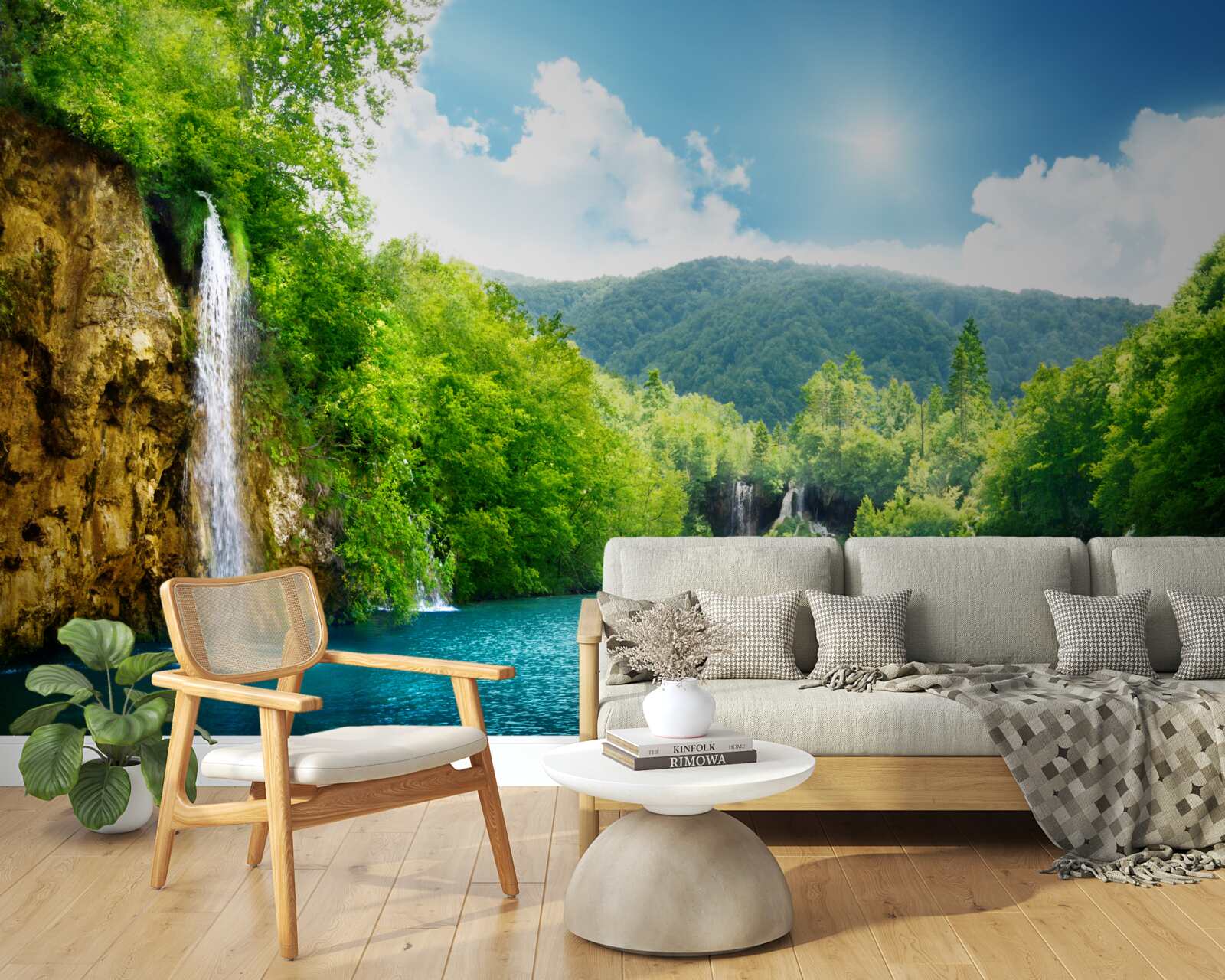 Fototapet cascadă în inima unei păduri montane dense