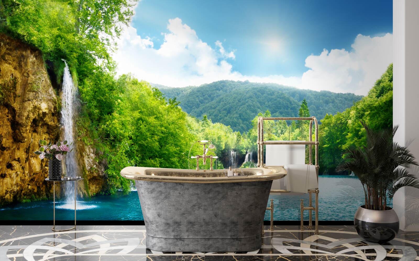 Fototapet cascadă în inima unei păduri montane dense