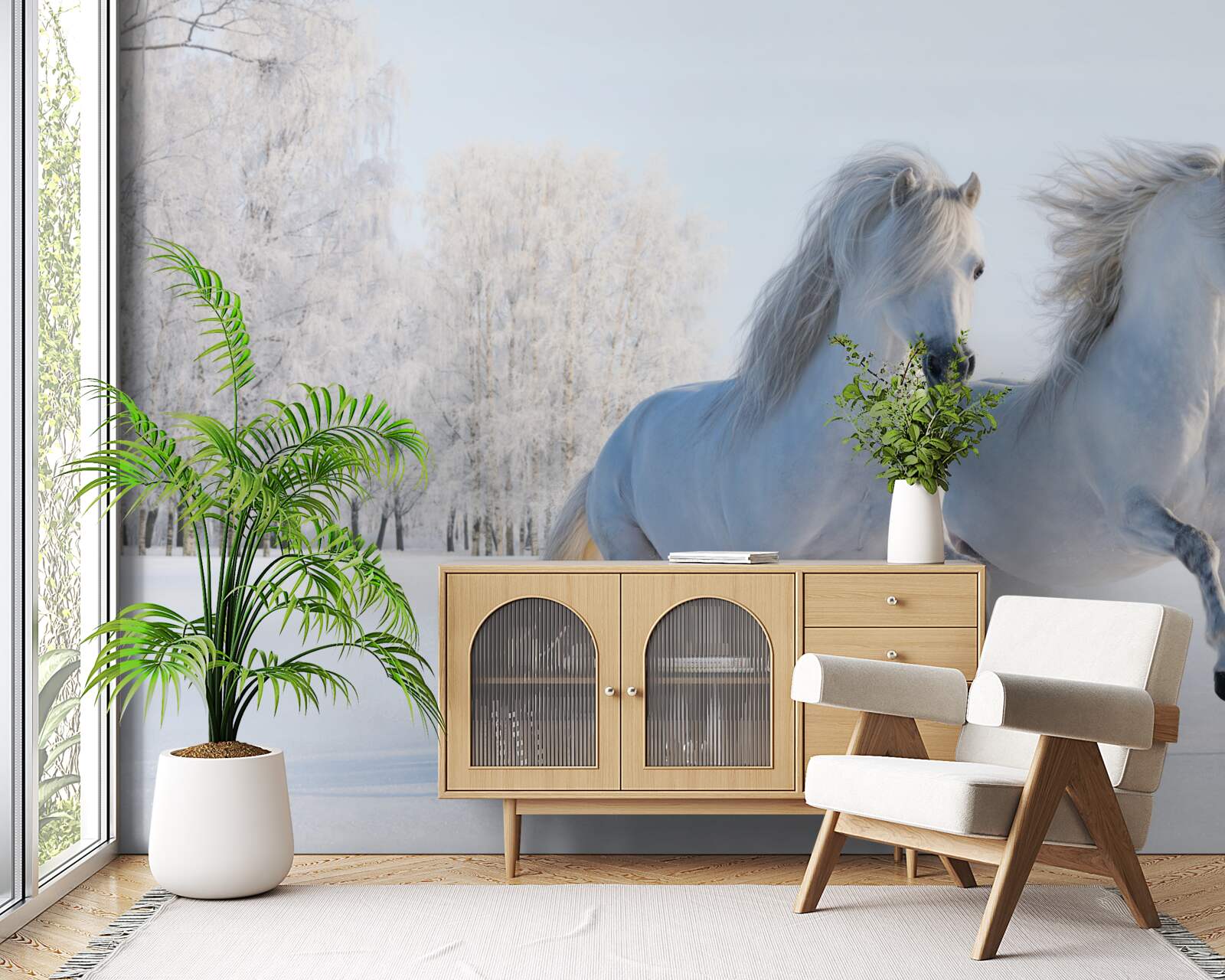 Fototapet doi cai galopând prin zăpadă