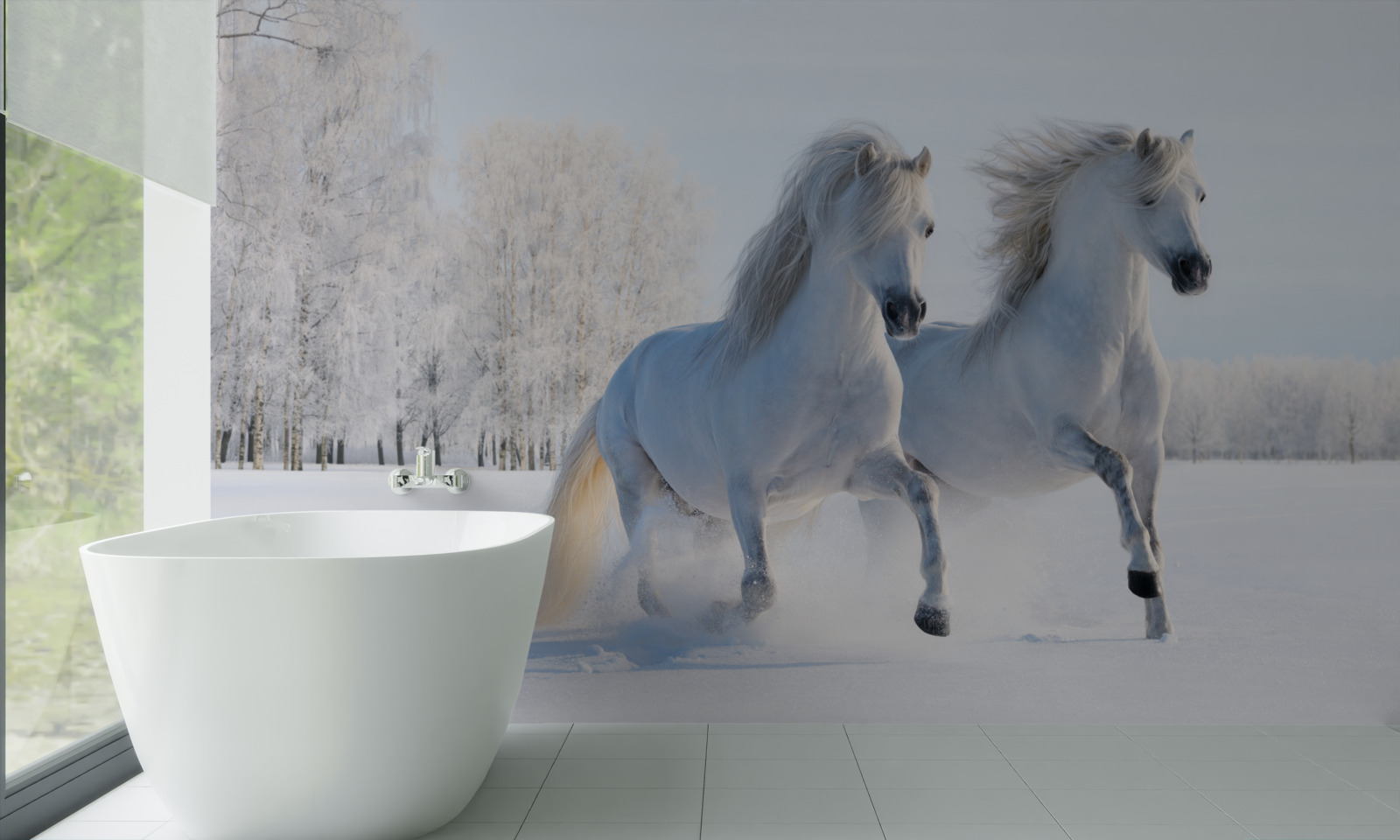 Fototapet doi cai galopând prin zăpadă