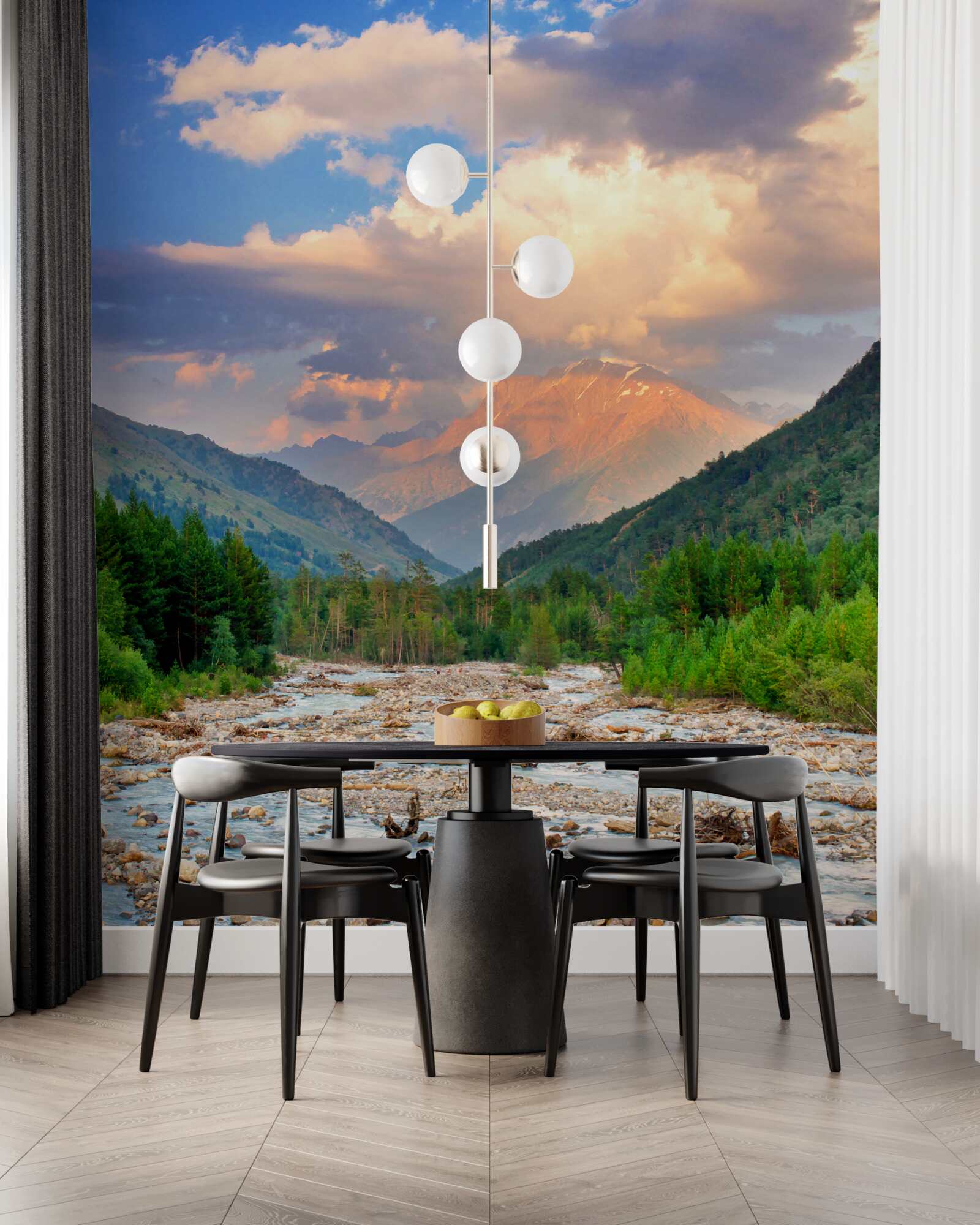 Fototapet râu de munte în soarele de seară