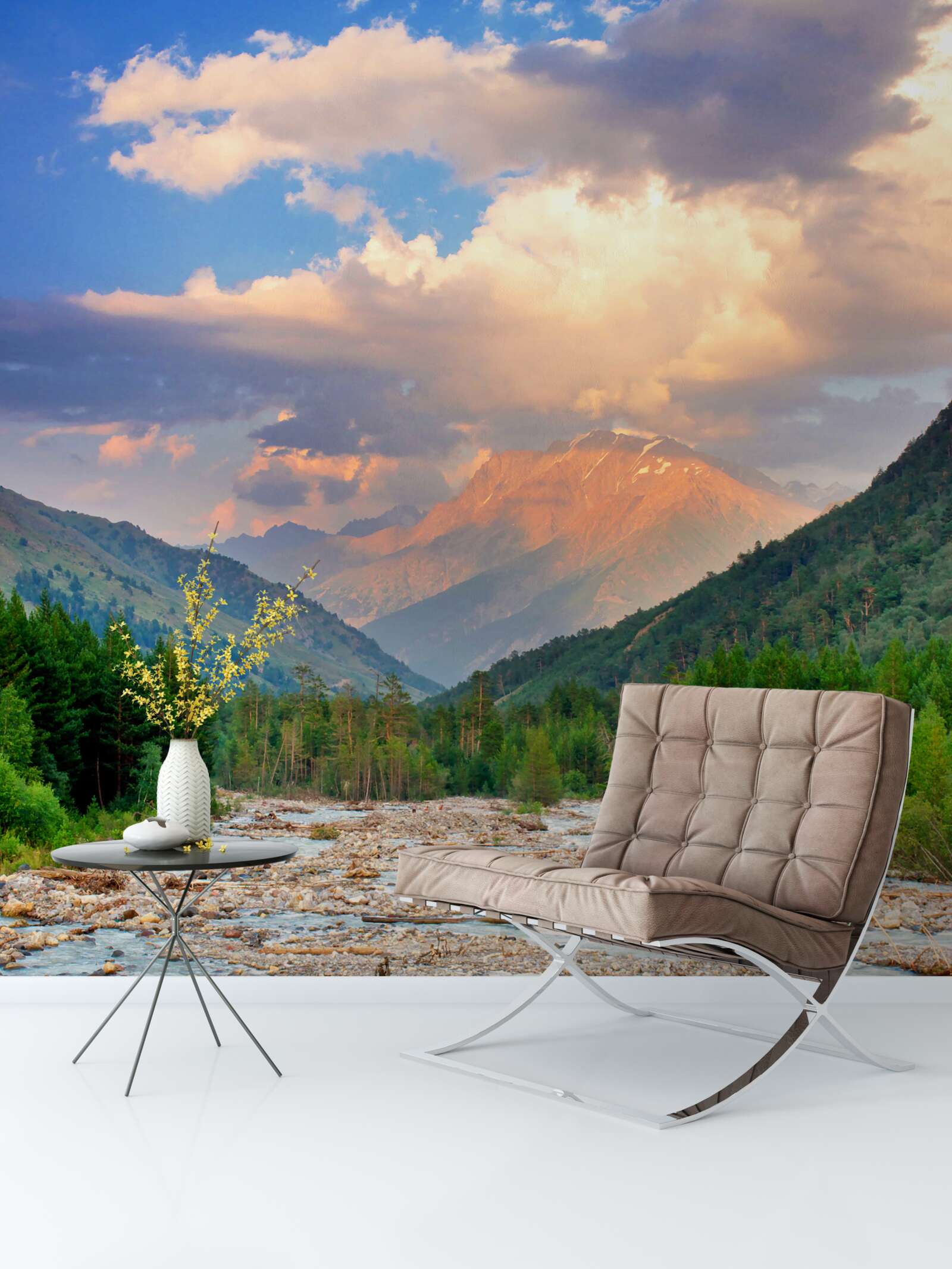 Fototapet râu de munte în soarele de seară