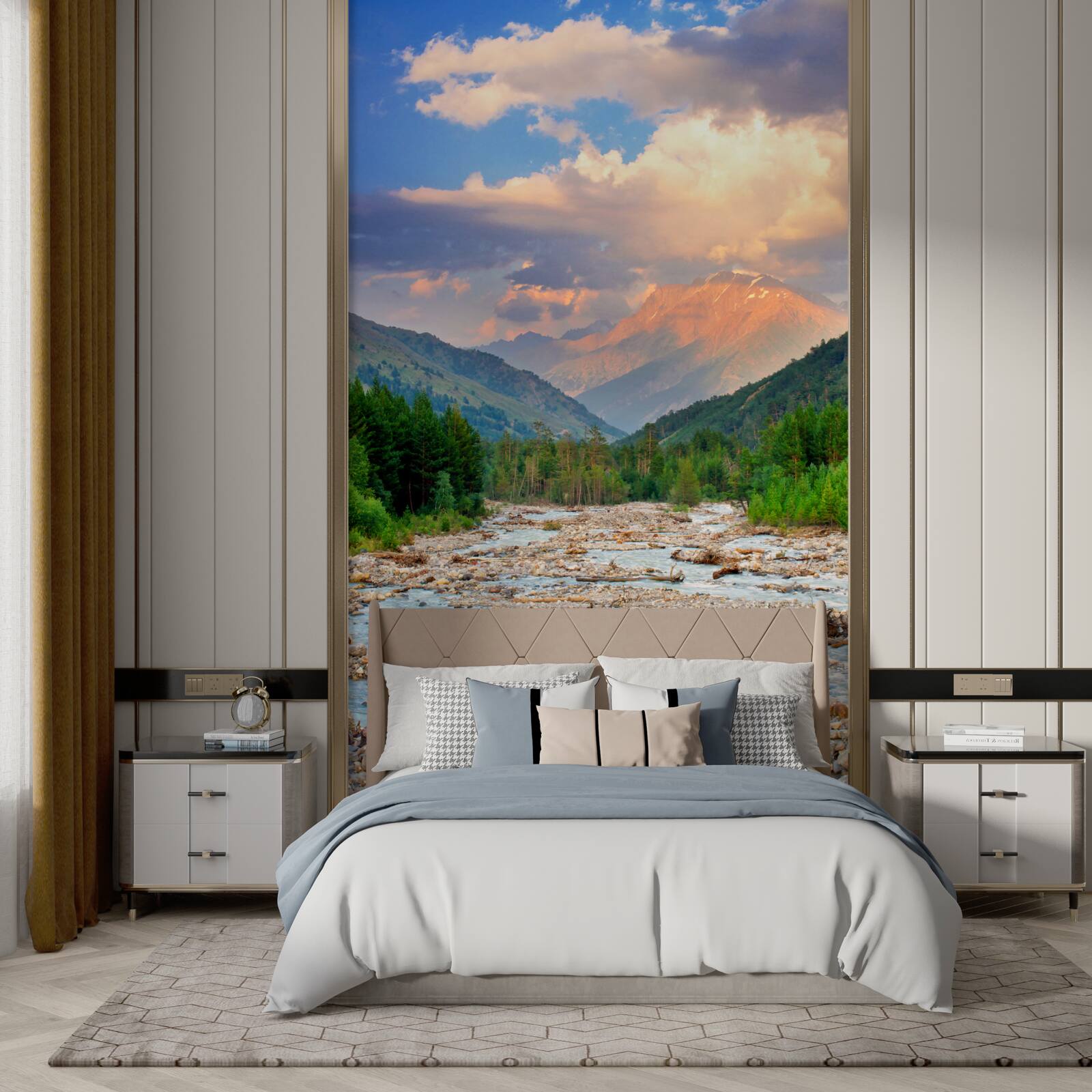 Fototapet râu de munte în soarele de seară