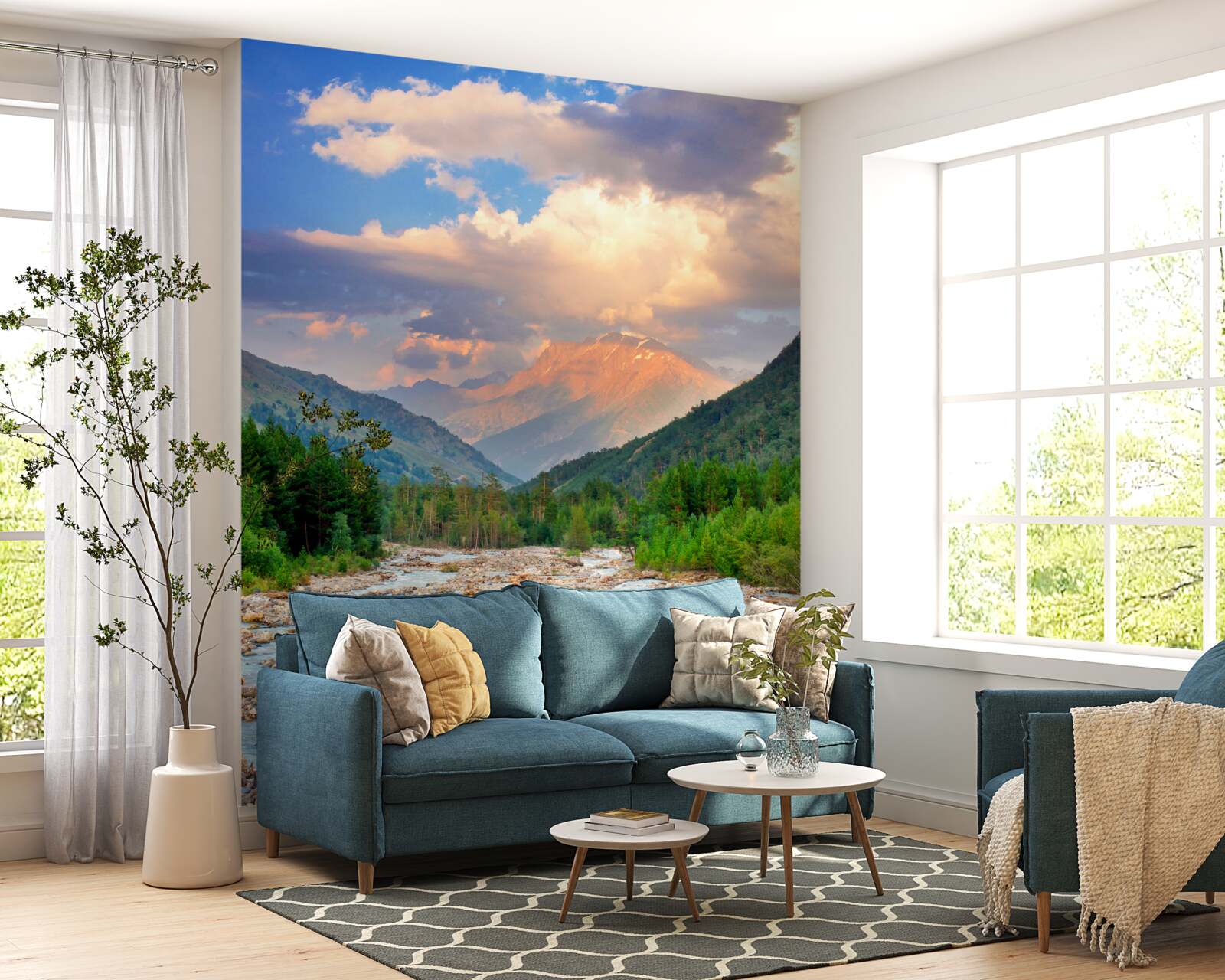 Fototapet râu de munte în soarele de seară