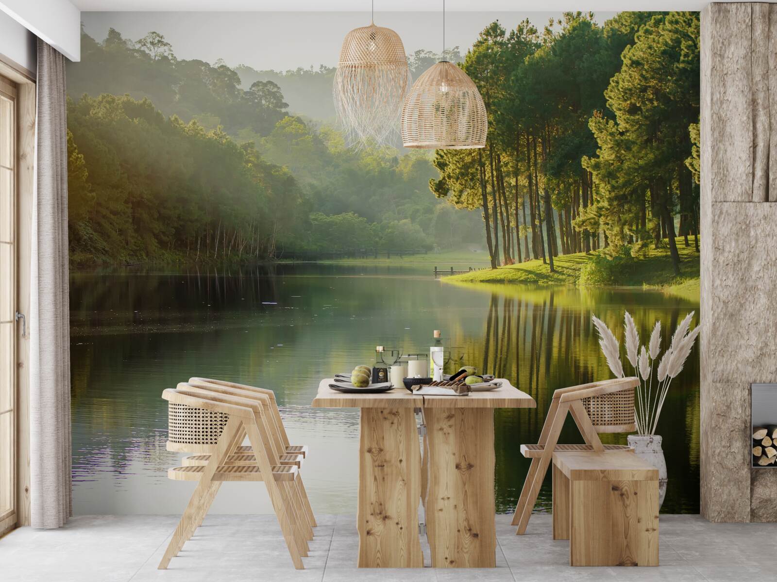 Fototapet ceața dimineții se răspândește prin pădure