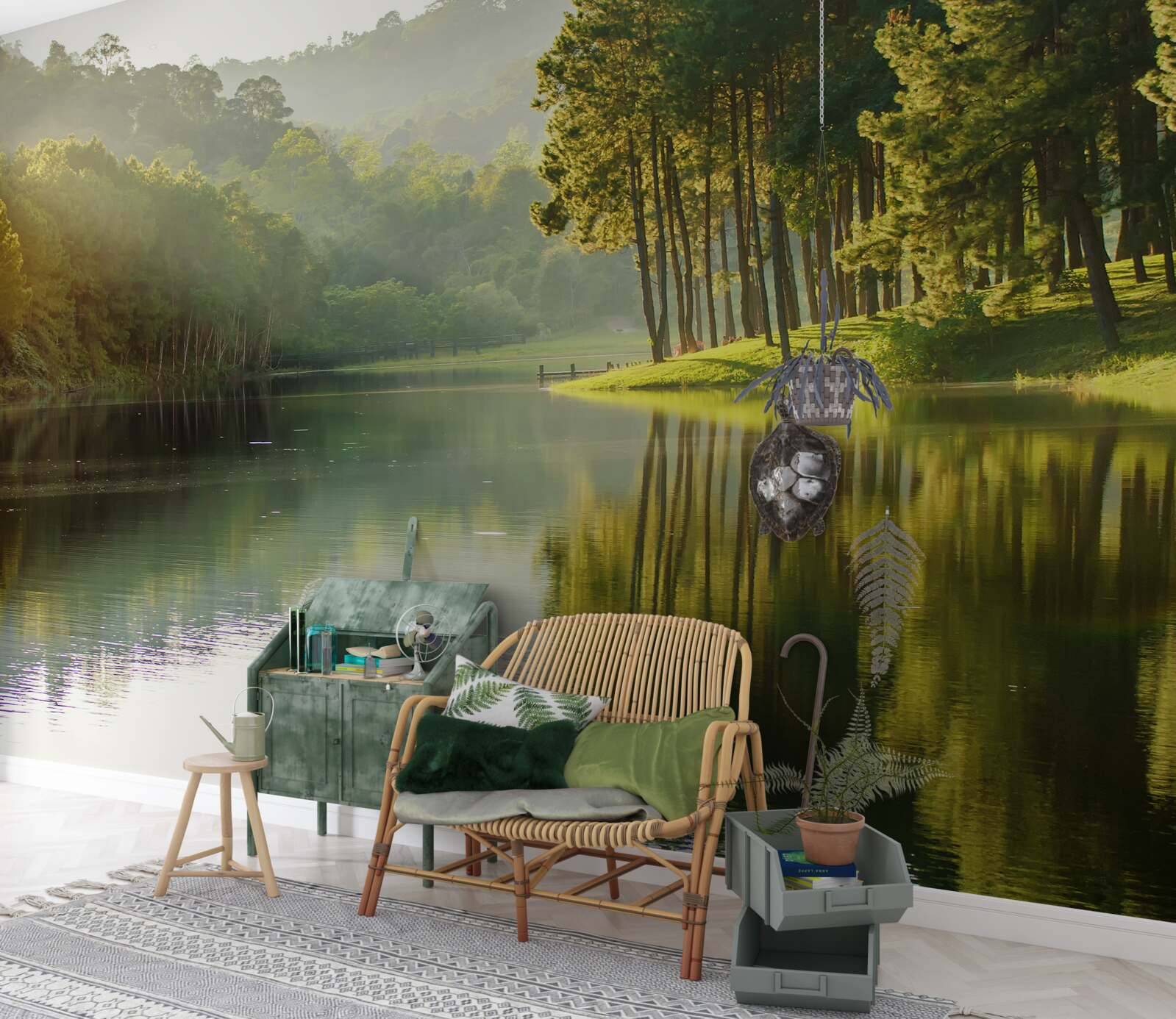 Fototapet ceața dimineții se răspândește prin pădure