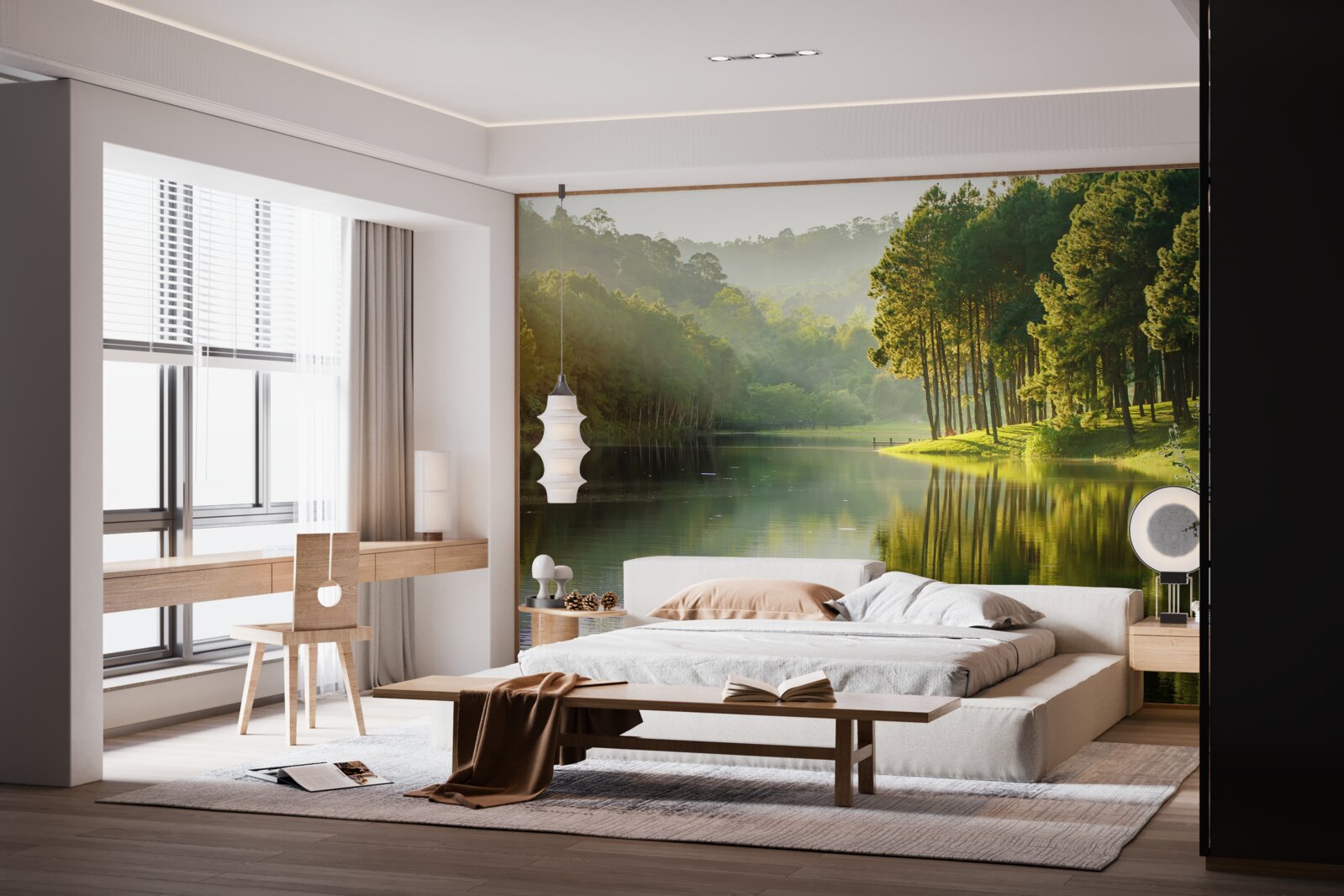 Fototapet ceața dimineții se răspândește prin pădure