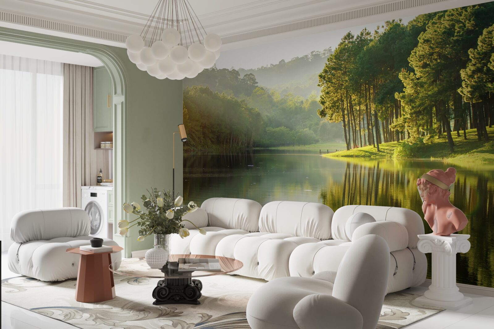 Fototapet ceața dimineții se răspândește prin pădure