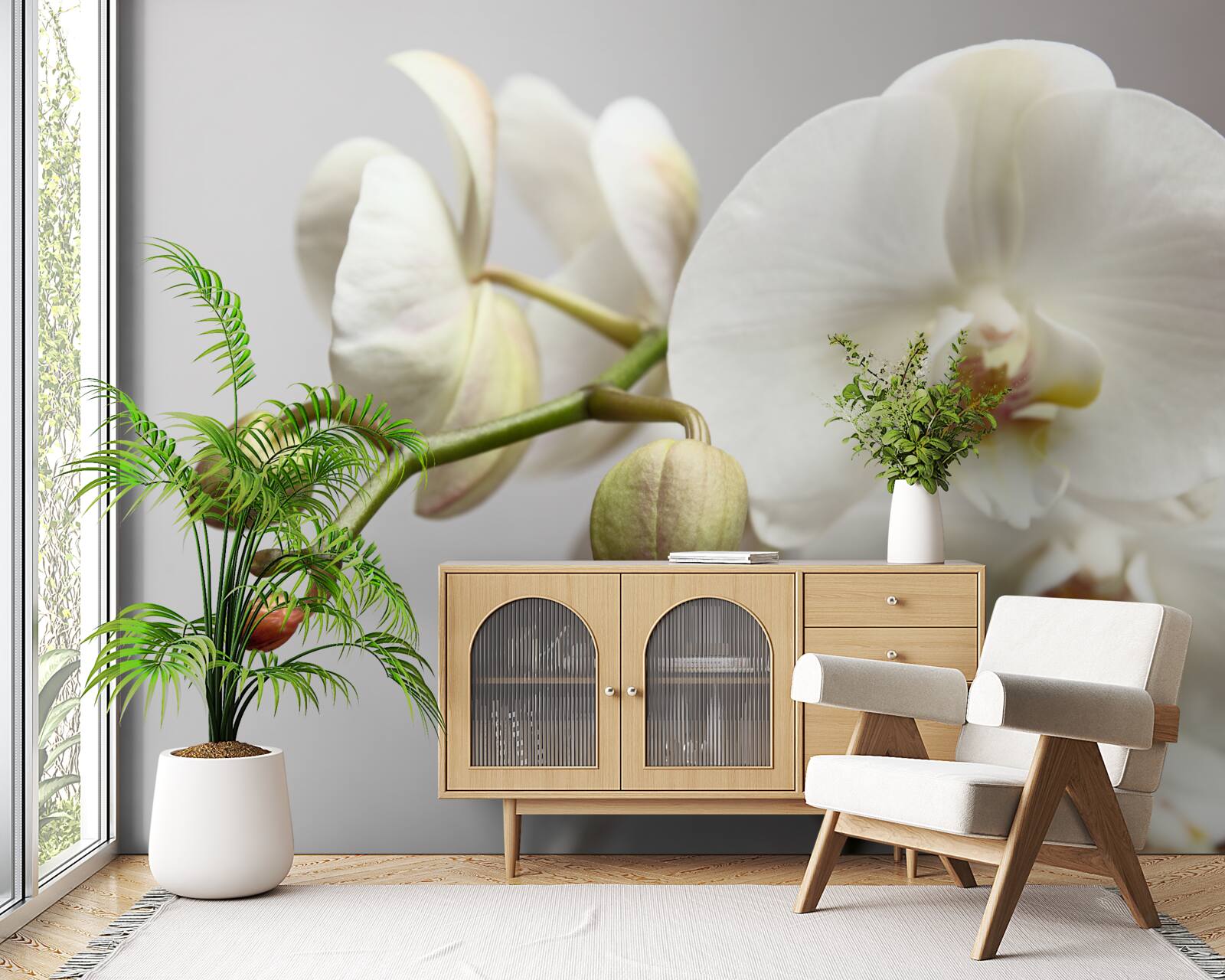 Fototapet ramură de orhidee albă cu flori înflorite și muguri nedezvoltați