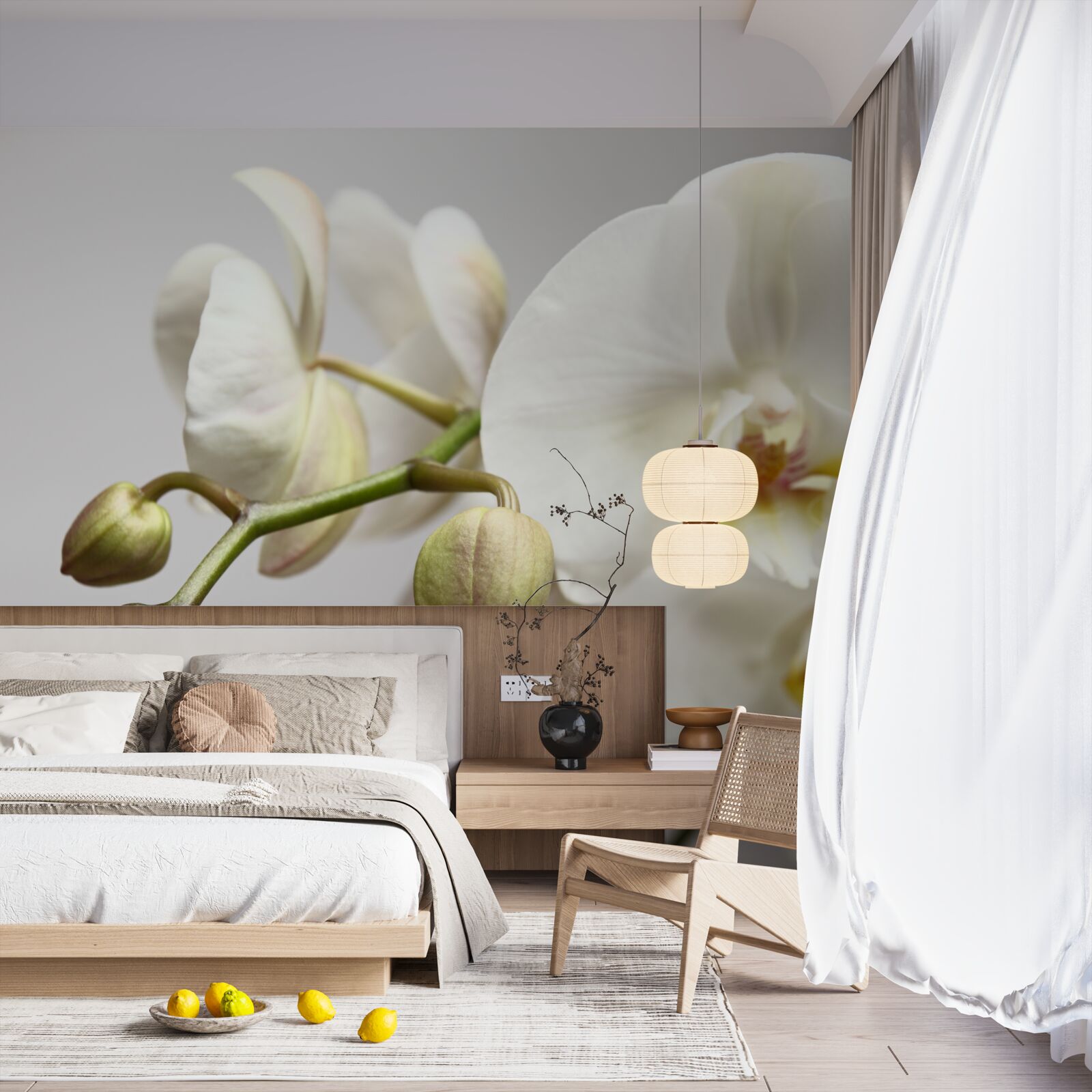 Fototapet ramură de orhidee albă cu flori înflorite și muguri nedezvoltați