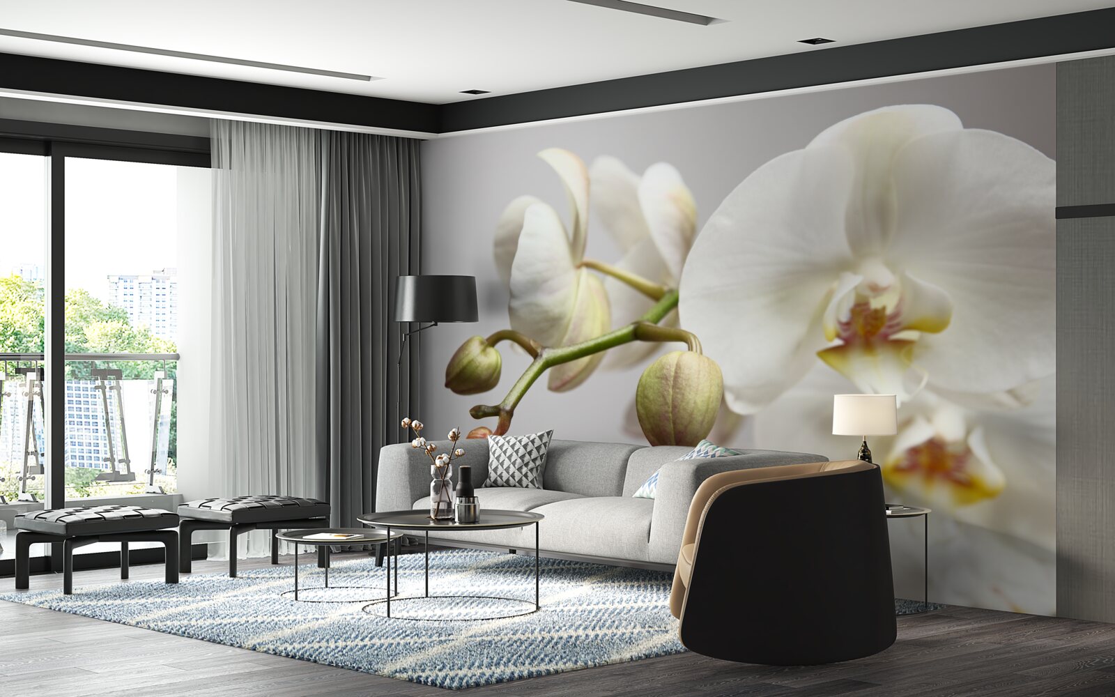 Fototapet ramură de orhidee albă cu flori înflorite și muguri nedezvoltați