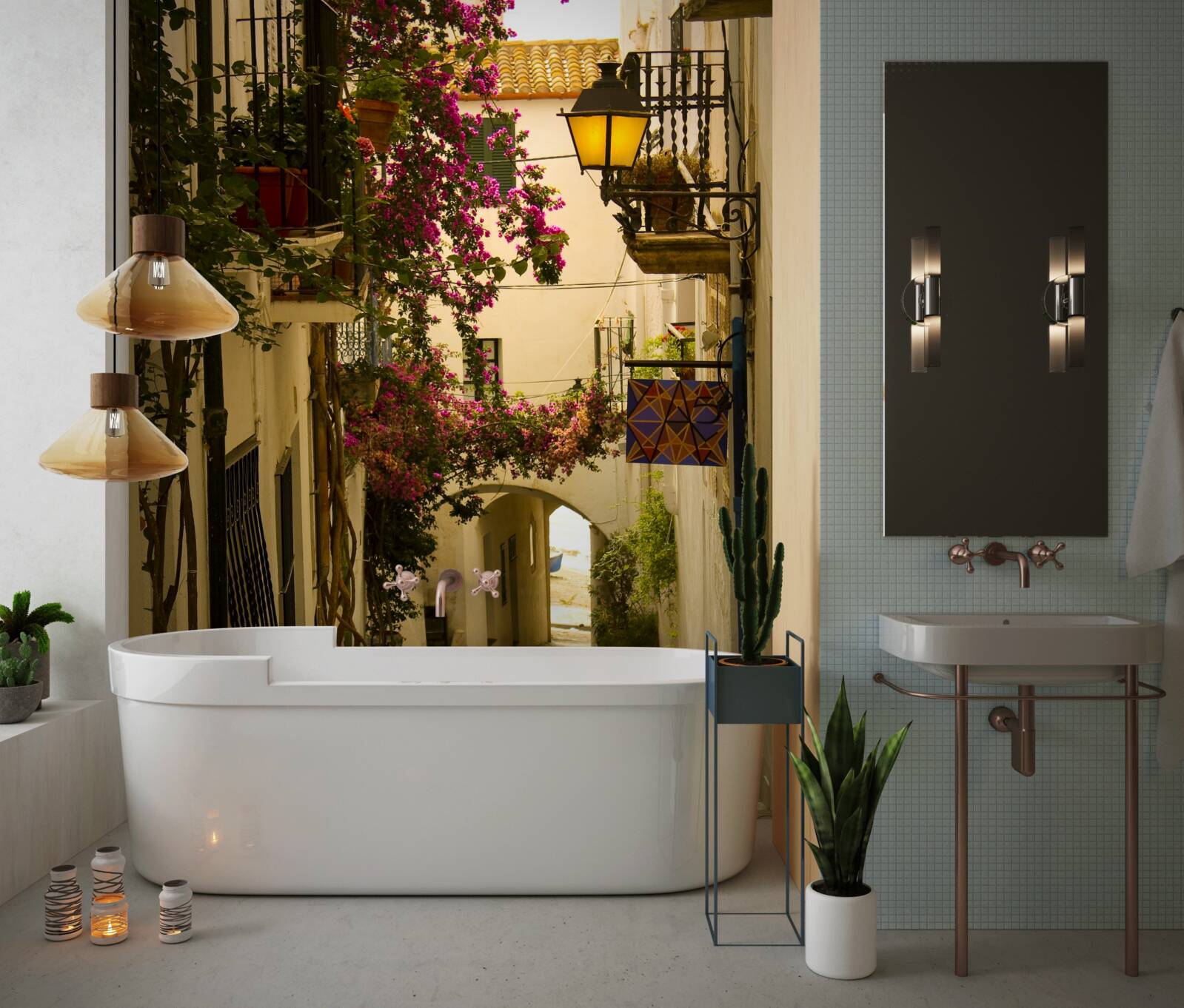 Fototapet stradă veche înconjurată de flori și lumina soarelui