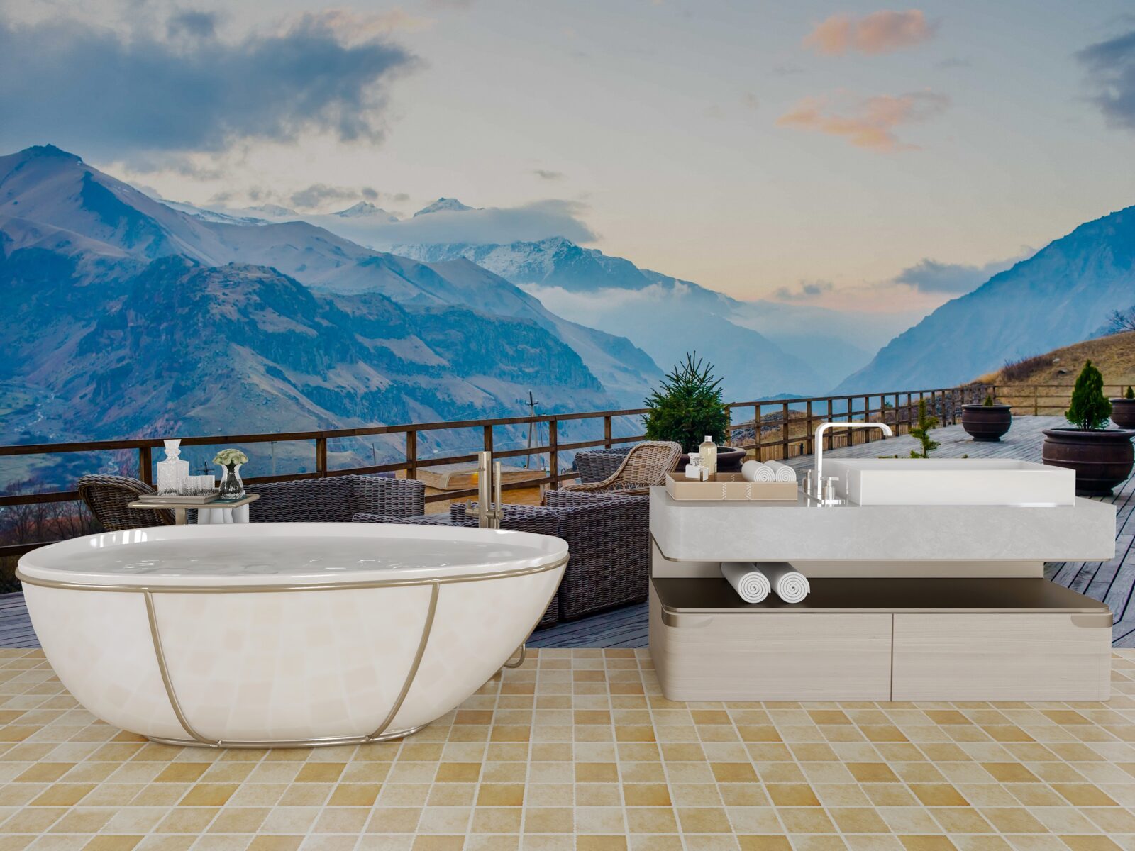 Fototapet terasă spațioasă cu vedere la munți