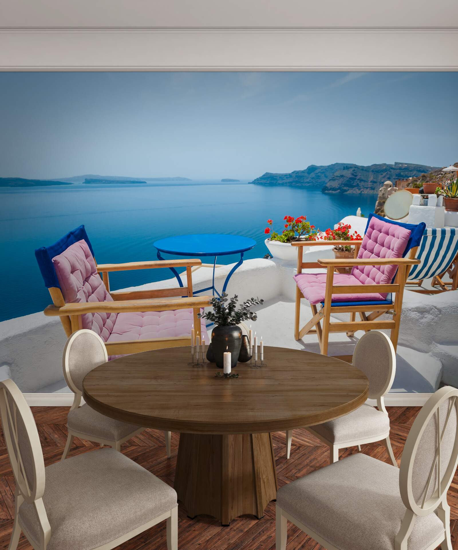 Fototapet cafenea pe acoperiș lângă țărm în grecia