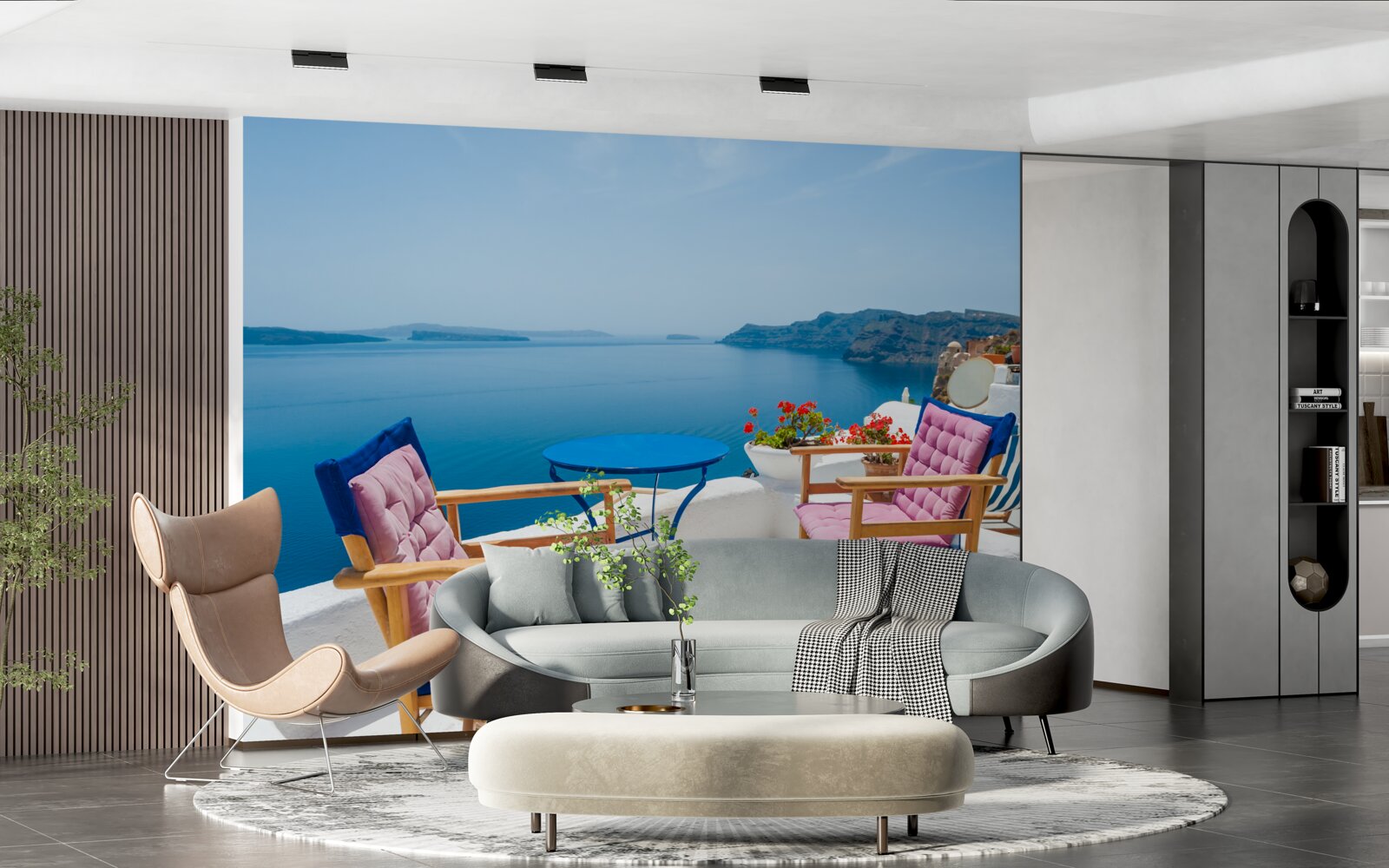 Fototapet cafenea pe acoperiș lângă țărm în grecia