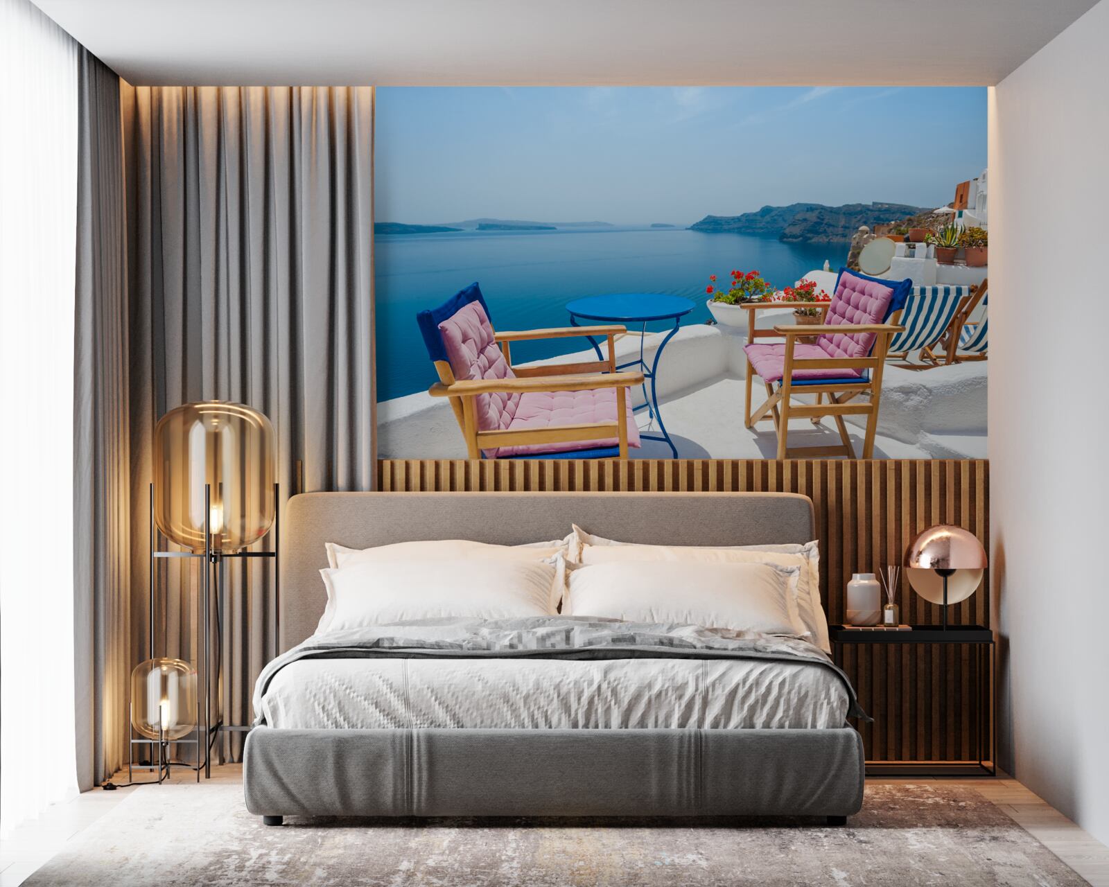 Fototapet cafenea pe acoperiș lângă țărm în grecia