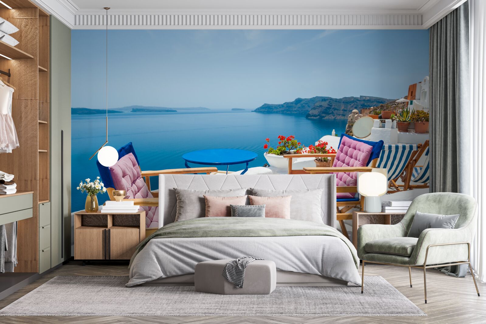 Fototapet cafenea pe acoperiș lângă țărm în grecia