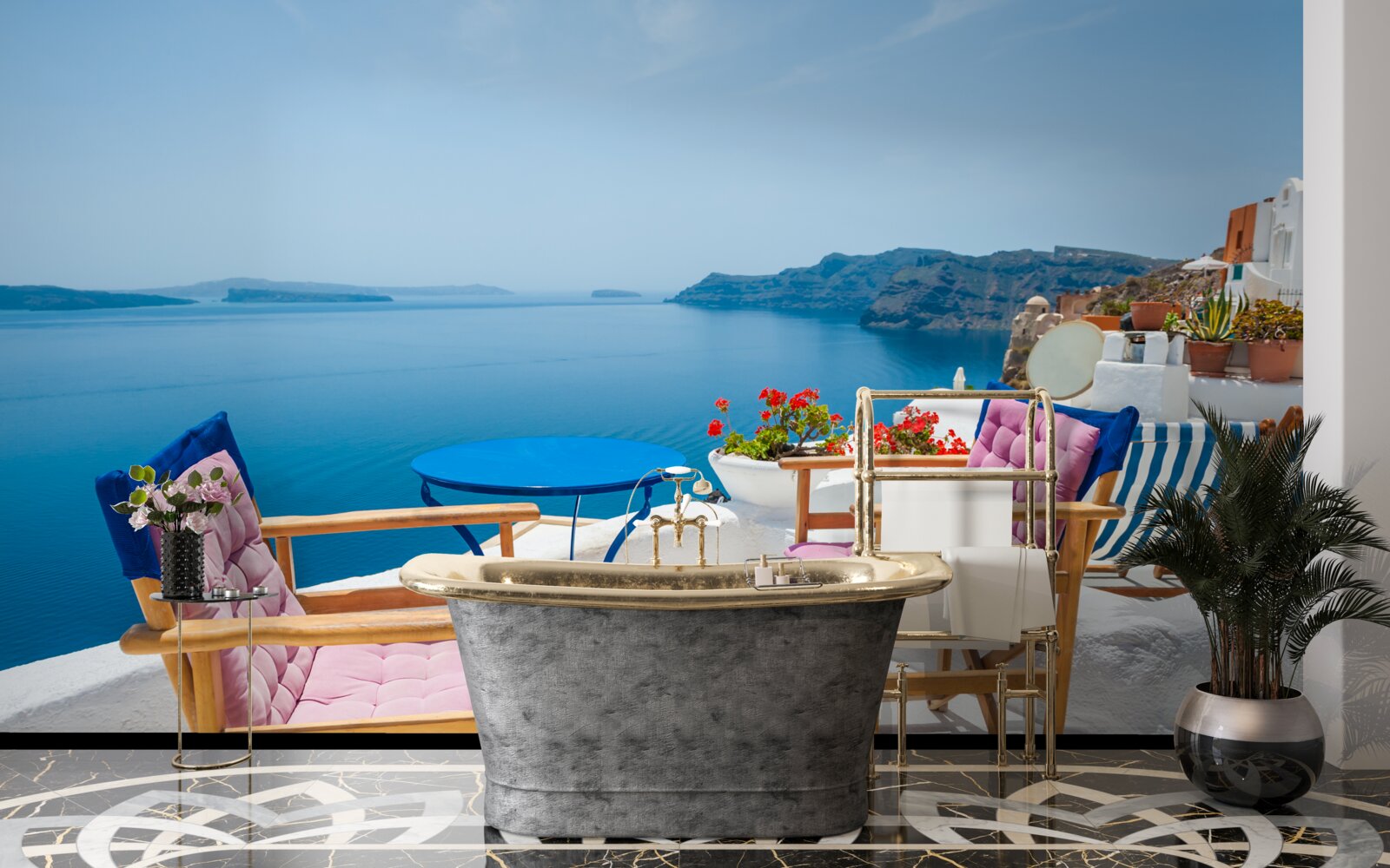 Fototapet cafenea pe acoperiș lângă țărm în grecia