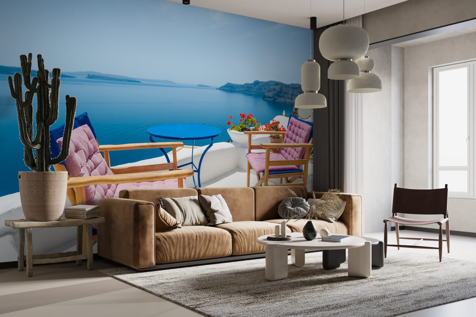 Fototapet cafenea pe acoperiș lângă țărm în grecia