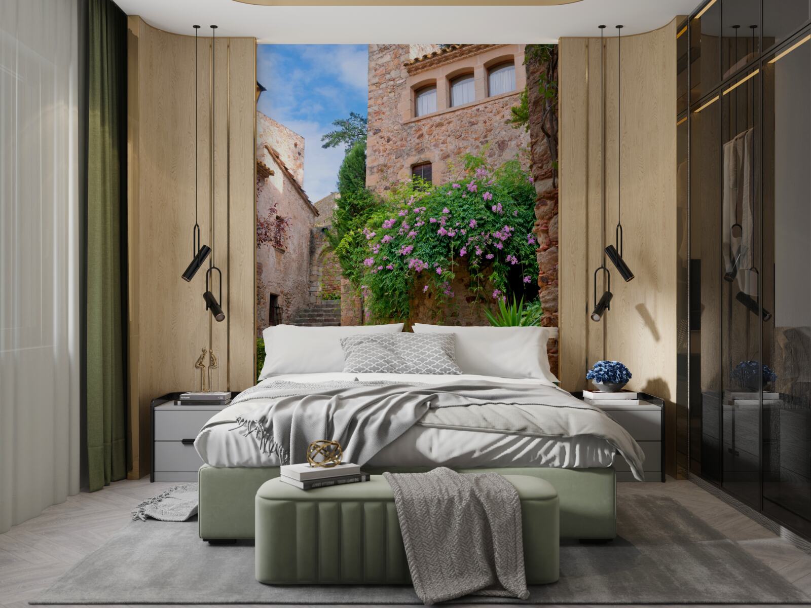 Fototapet stradă veche pietruită înconjurată de verdeață și flori